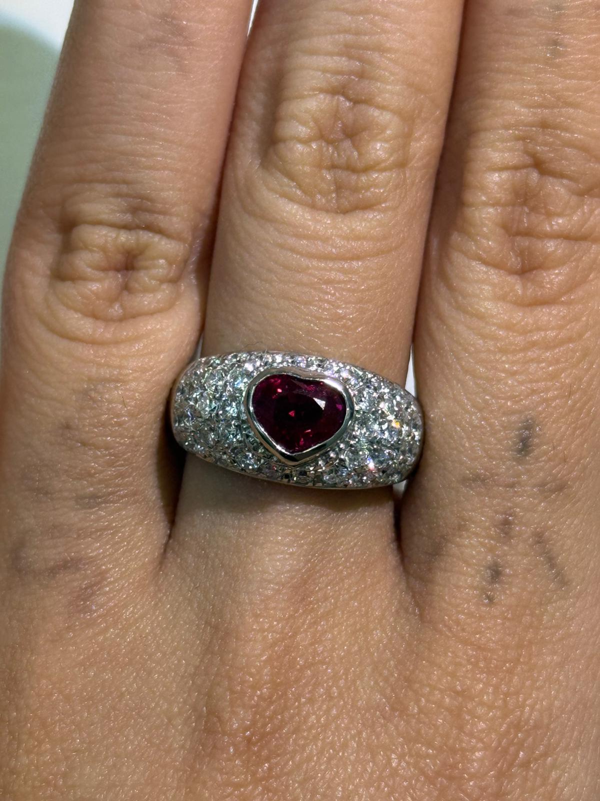 Luxury Promise Heart-Shaped Ruby Ring with Pavé Diamond Dome Band ini PT900 / 10.90g, R1.30ct, D1.18ct / Size 7.5 US 024416 JJC0056
