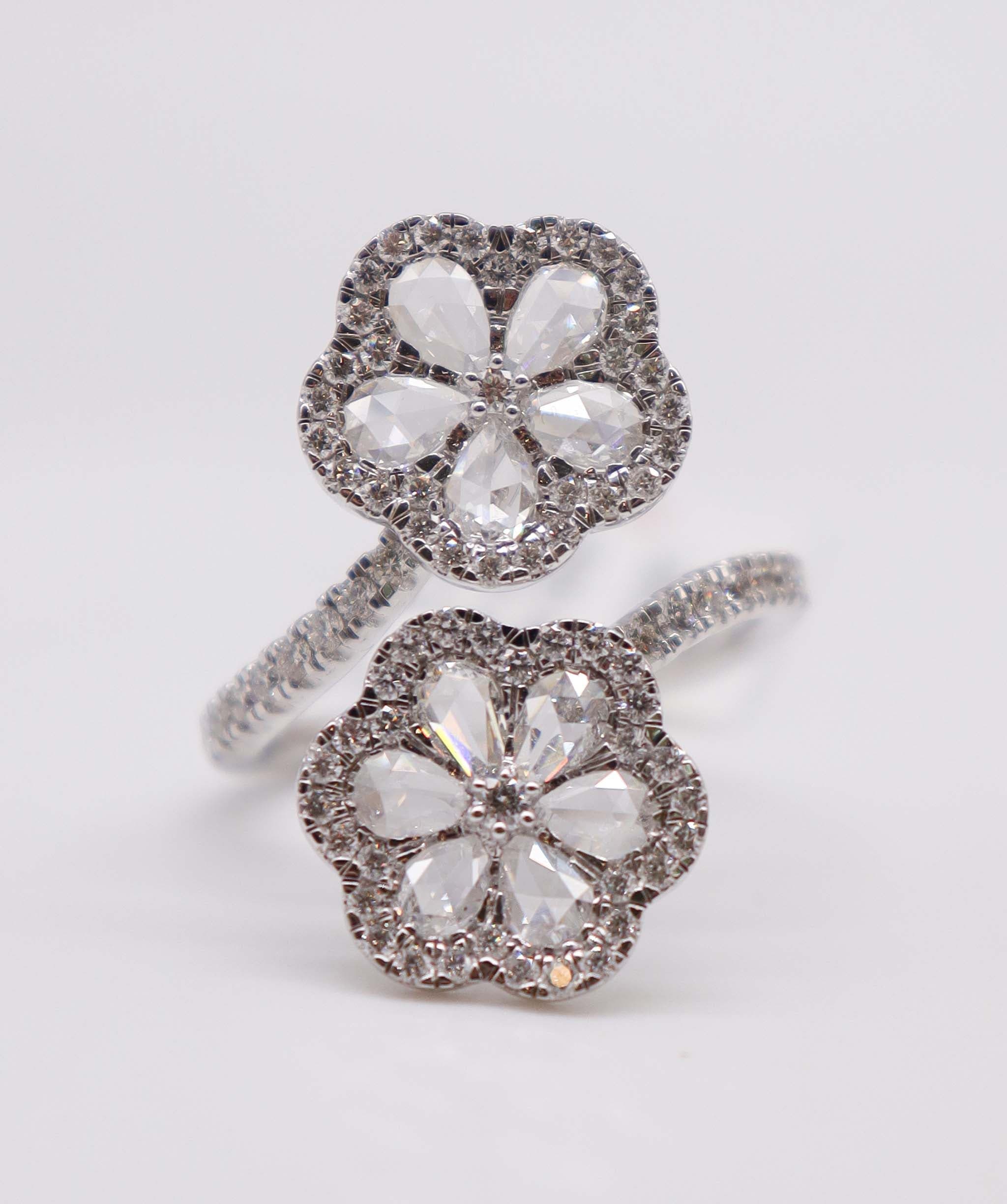 Luxury Promise High Craftsmanship 1.83ct Rose Cut Diamond Double Flower Ring White Gold Size 54 R4321