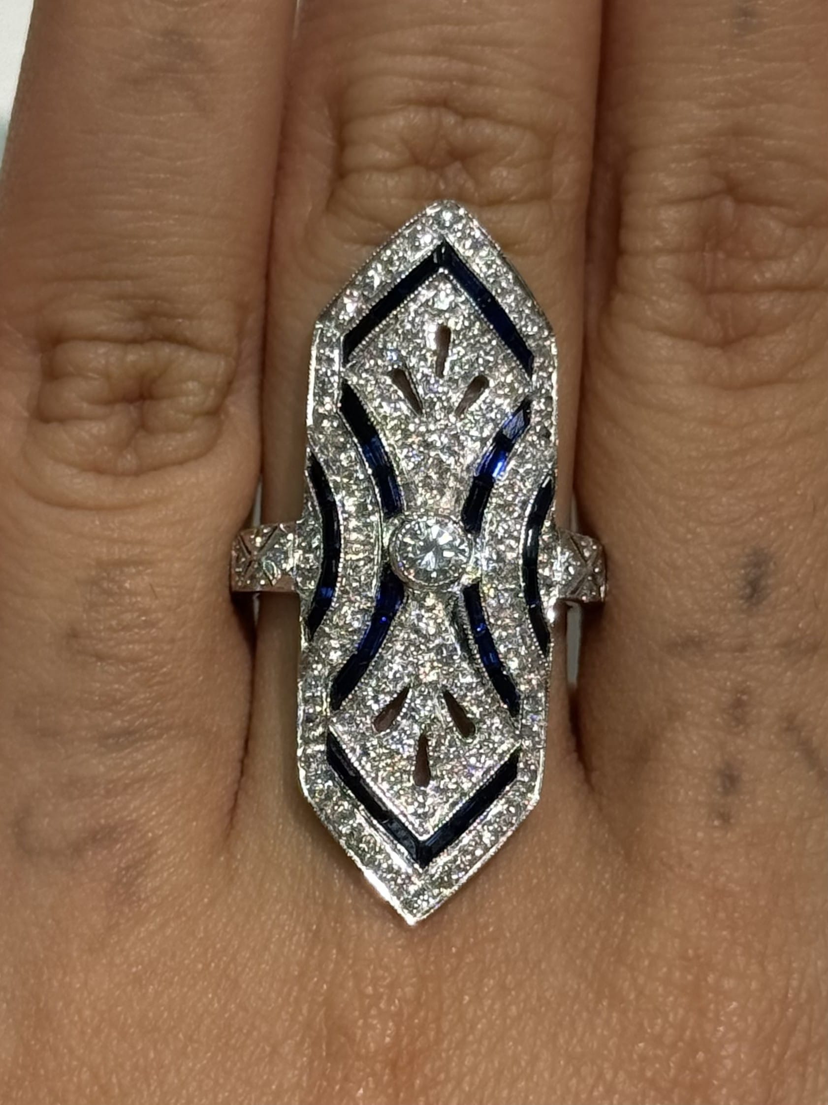 Luxury Promise Navette Diamond and Sapphire Ring with Pavé Setting in 18K / 8.10g, D.19ct / Size 6.75 US 023662 JJC0032