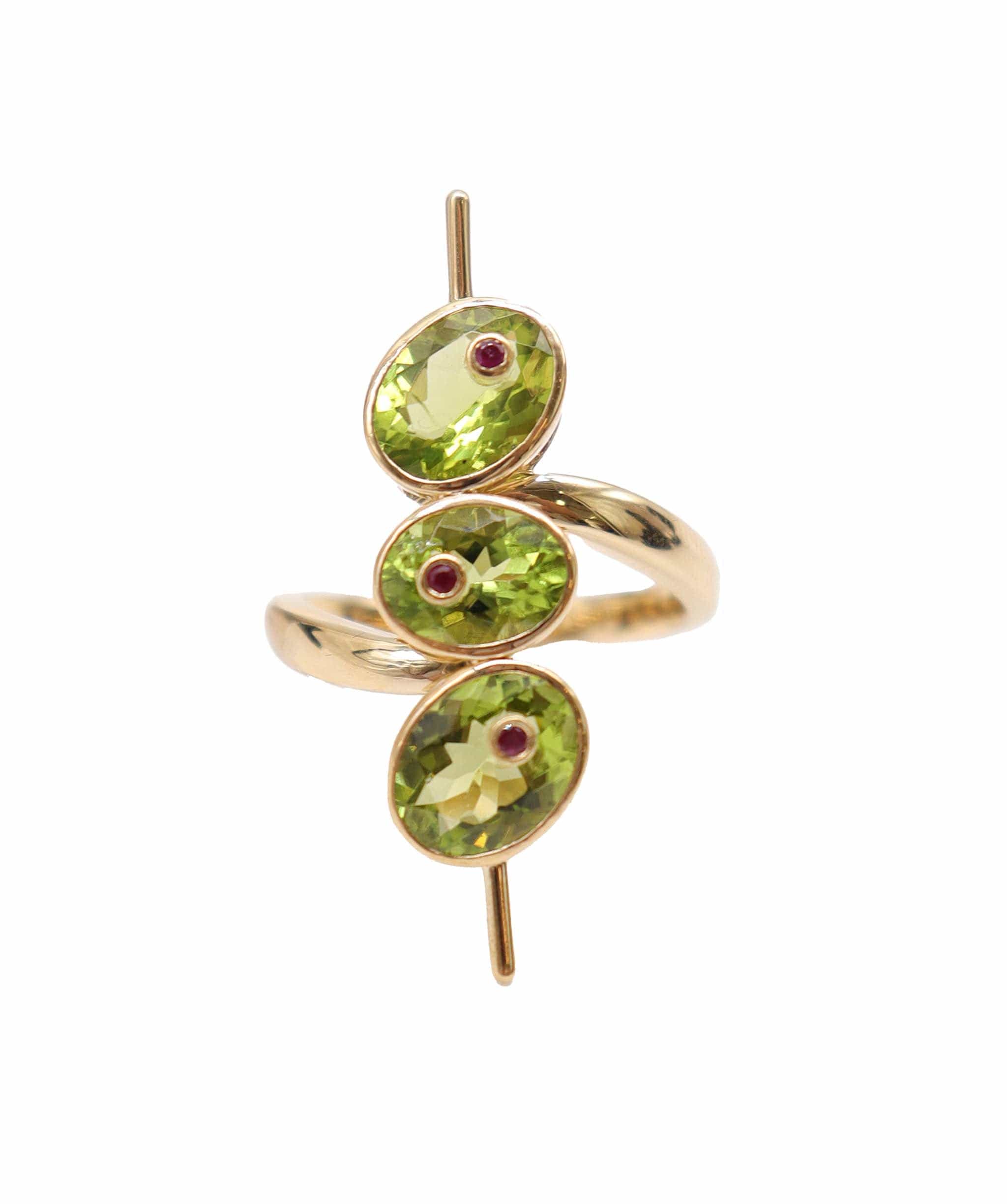 Luxury Promise Olive Stick Peridot & Ruby 18k Yellow Gold Custom Ring AGC2883