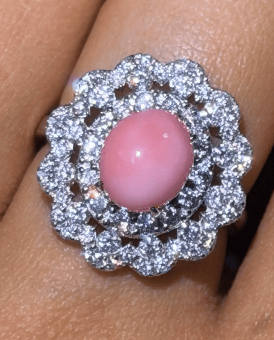 Luxury Promise Oval Conch Pearl Ring with Double Diamond Halo Cluster in PT950 / 6.5g, PA3.1ct, D1.4ct 8937 JJC0059