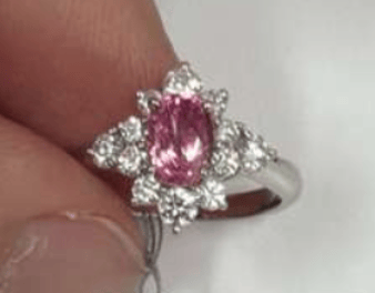 Luxury Promise Oval Pink Sapphire Ring with Diamond Cluster Halo in PT900 / 4.9g, S1.29ct, D0.64ct 054065 JJC0244