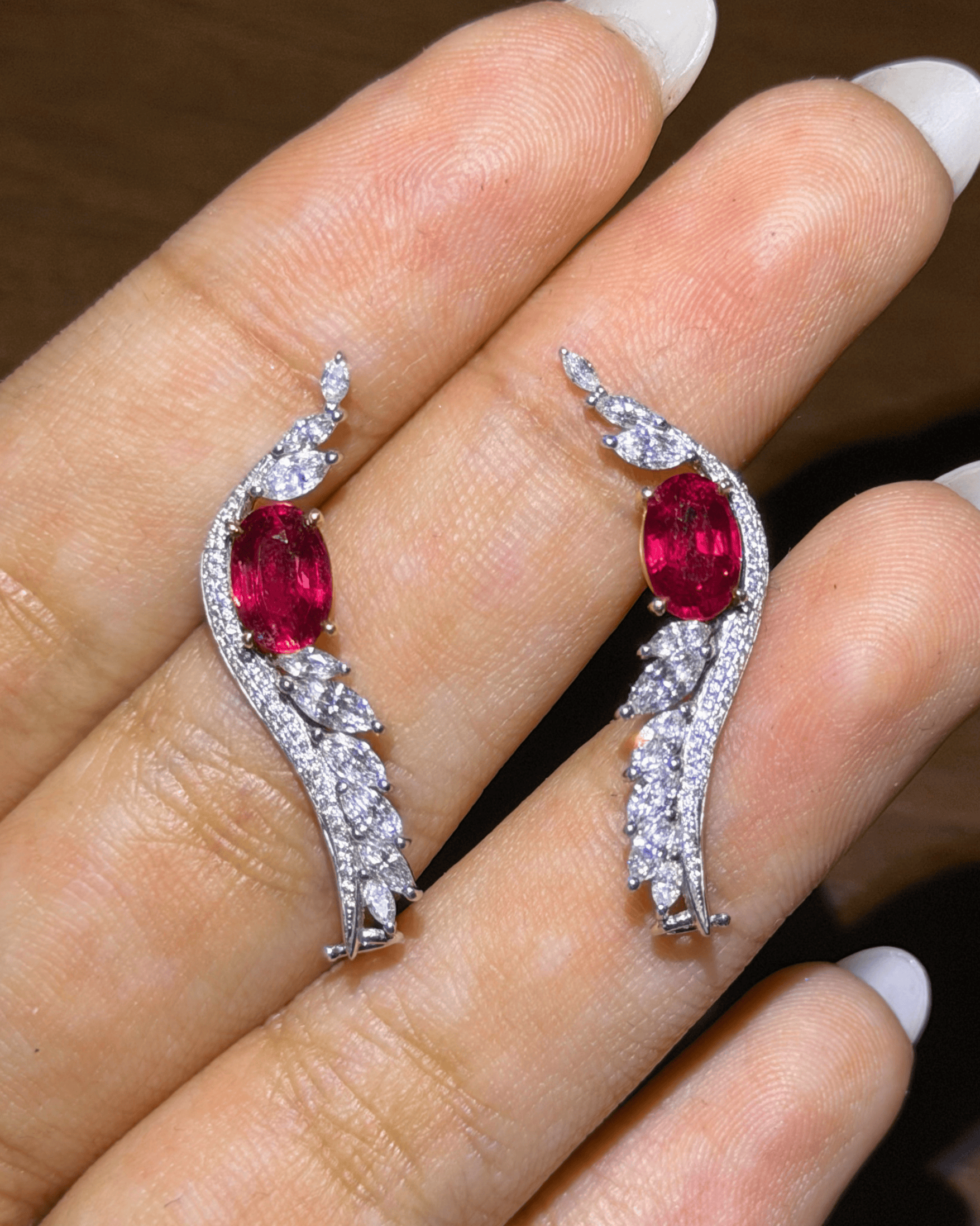 Luxury Promise Oval Ruby Climber Earrings with Diamonds in 18K / 4.4g, R1.1ct + 1.1ct, D0.75ct + 0.23ct 8916 JJC0115