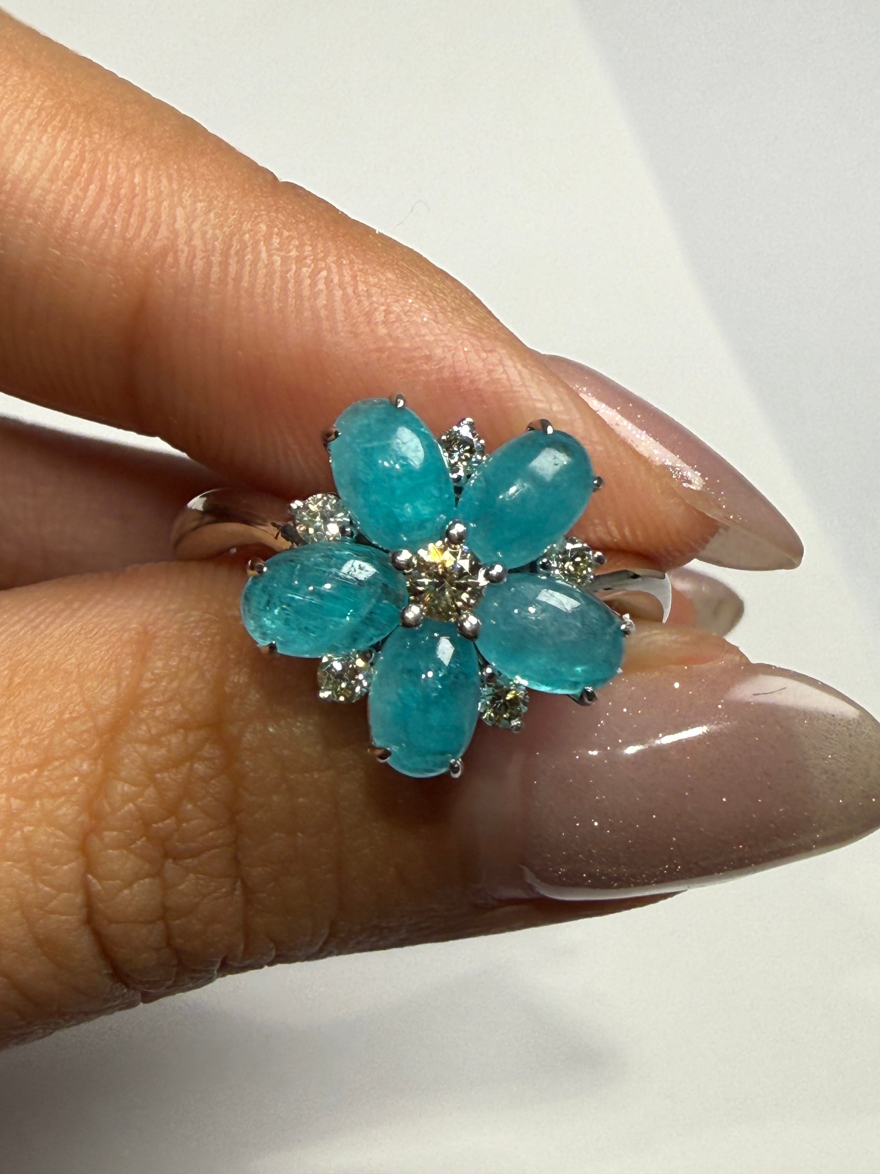 Luxury Promise Paraiba Tourmaline Cabochon Flower Ring in 18K US 7.5 1061 JJC9025