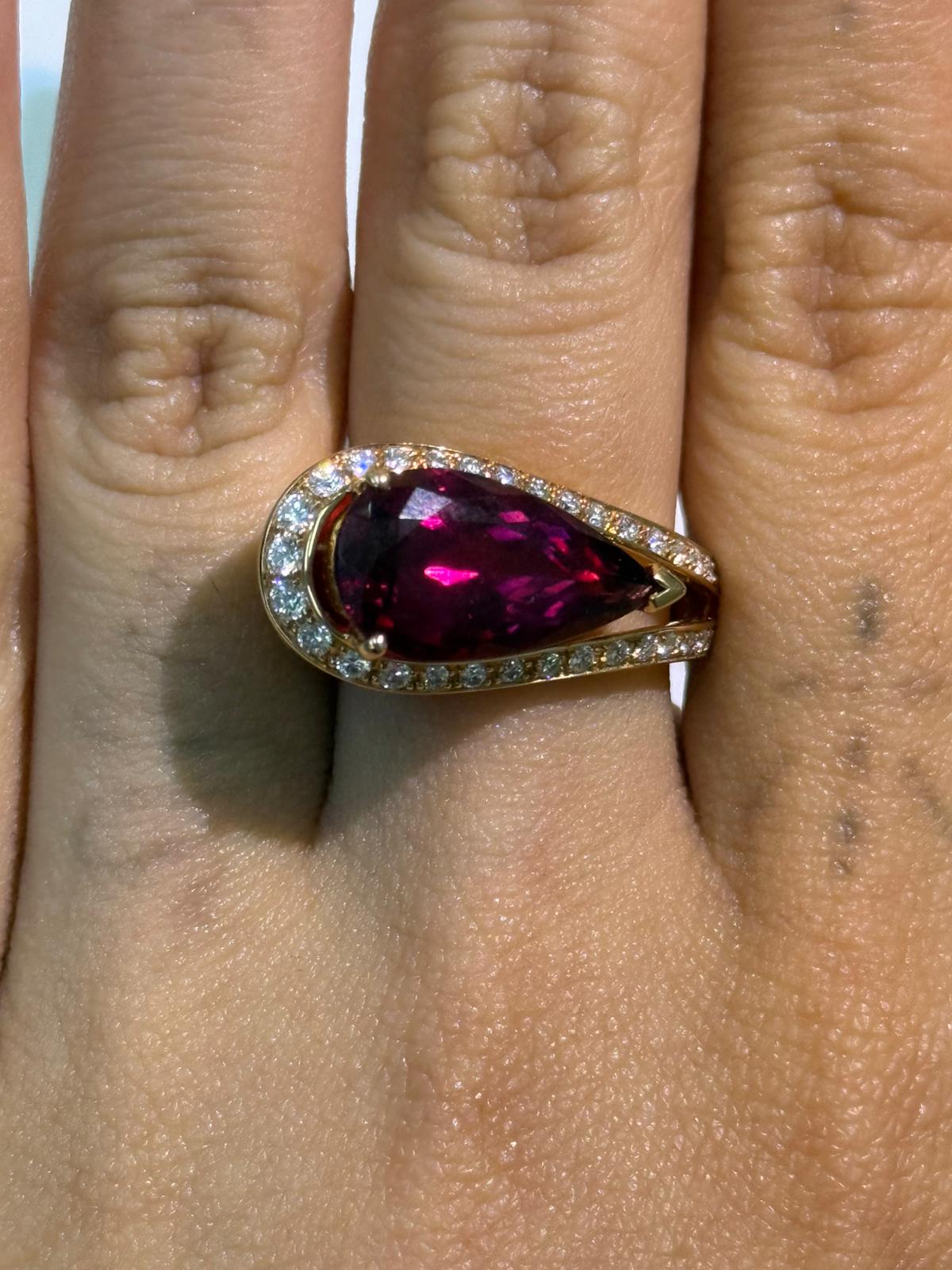 Luxury Promise Pear-Cut Rubellite Ring with Open Diamond Halo in 18K / 11.20g, RB5.56ct, D0.50ct / Size 5.5 US 022910 JJC0053