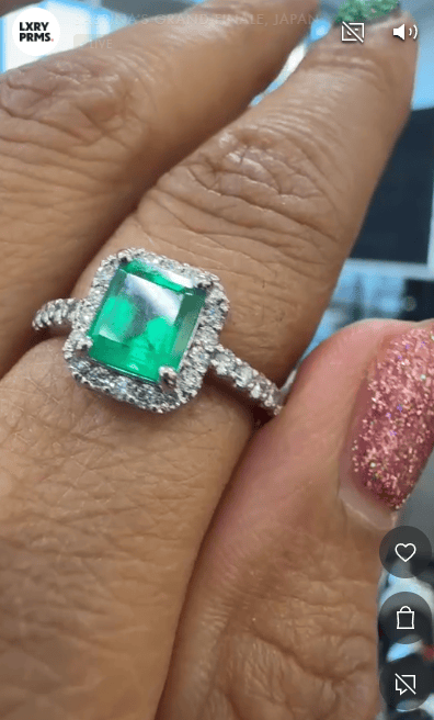 Luxury Promise PT900 4 prong ring with a Natural Colombian Emerald and Pave Diamond half band L1090
