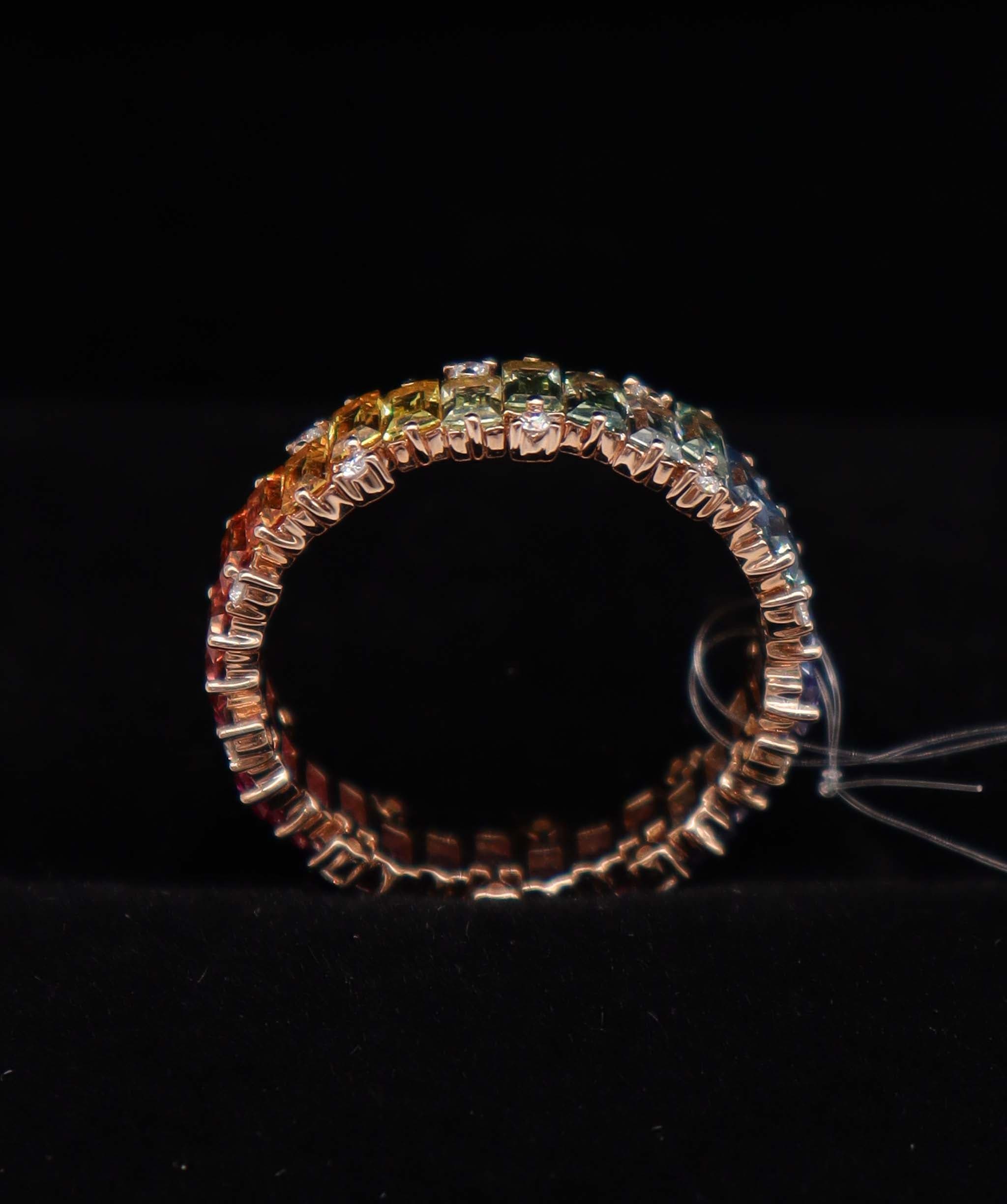 Luxury Promise Rainbow Sapphire Ring 18K Rose Gold Size US 6.5 (30 Sapphires 3.00ct) Diamond Wt: 0.30ct MS8982