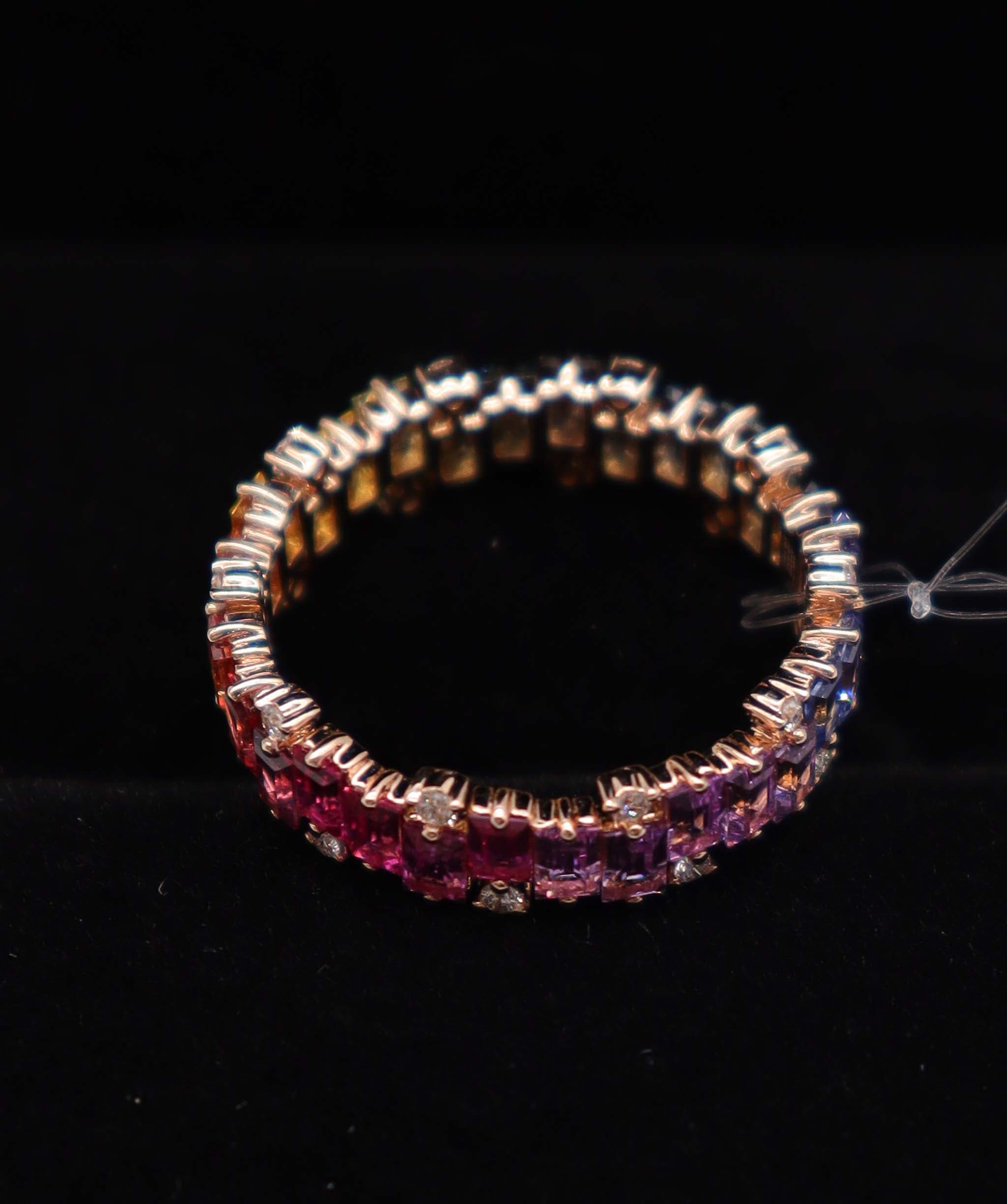 Luxury Promise Rainbow Sapphire Ring 18K Rose Gold Size US 6.5 (30 Sapphires 3.00ct) Diamond Wt: 0.30ct MS8982