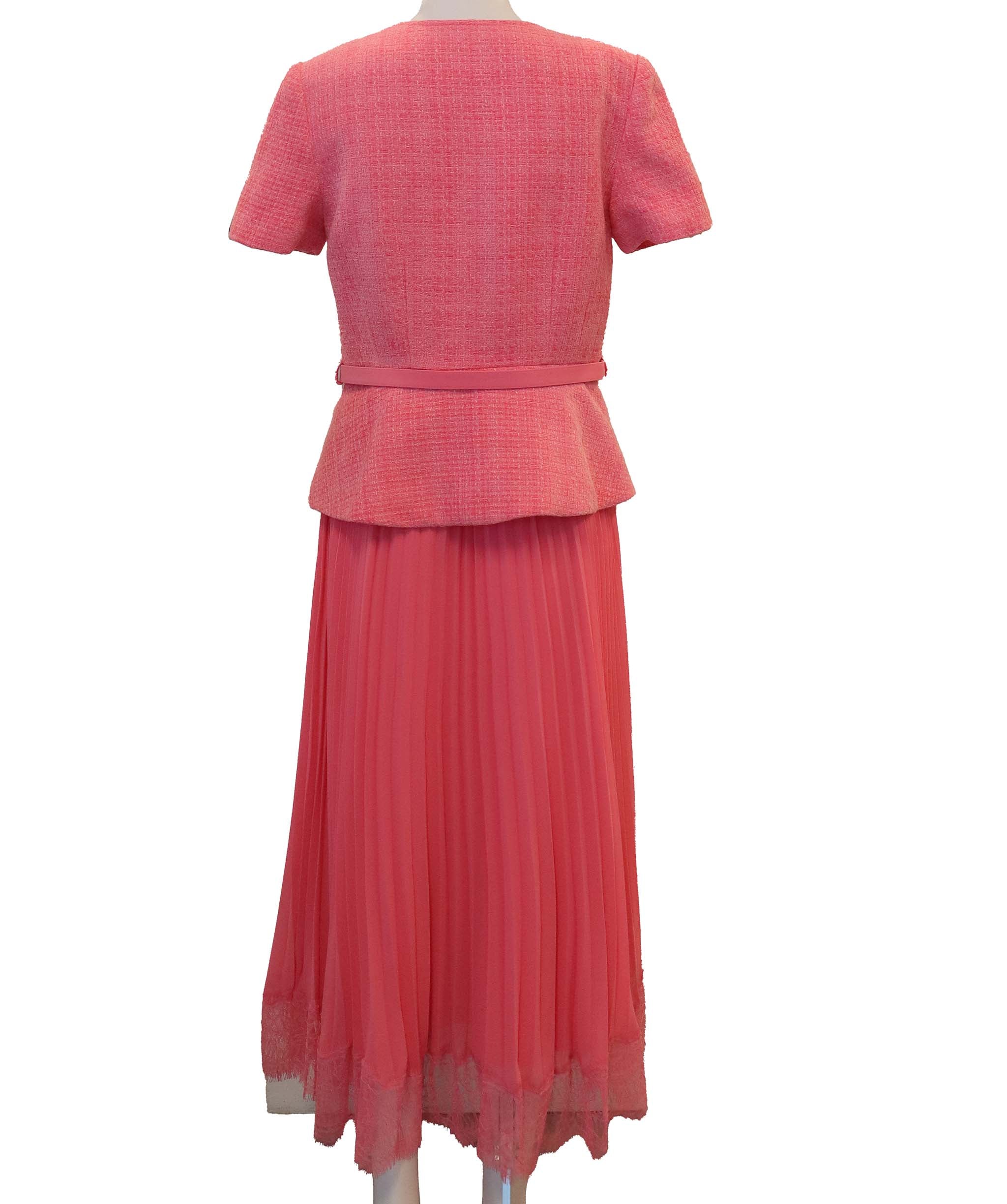 Luxury Promise Self-Portrait Pink in Boucle & Chiffon Midi Dress size 12 UK DXBCS0746