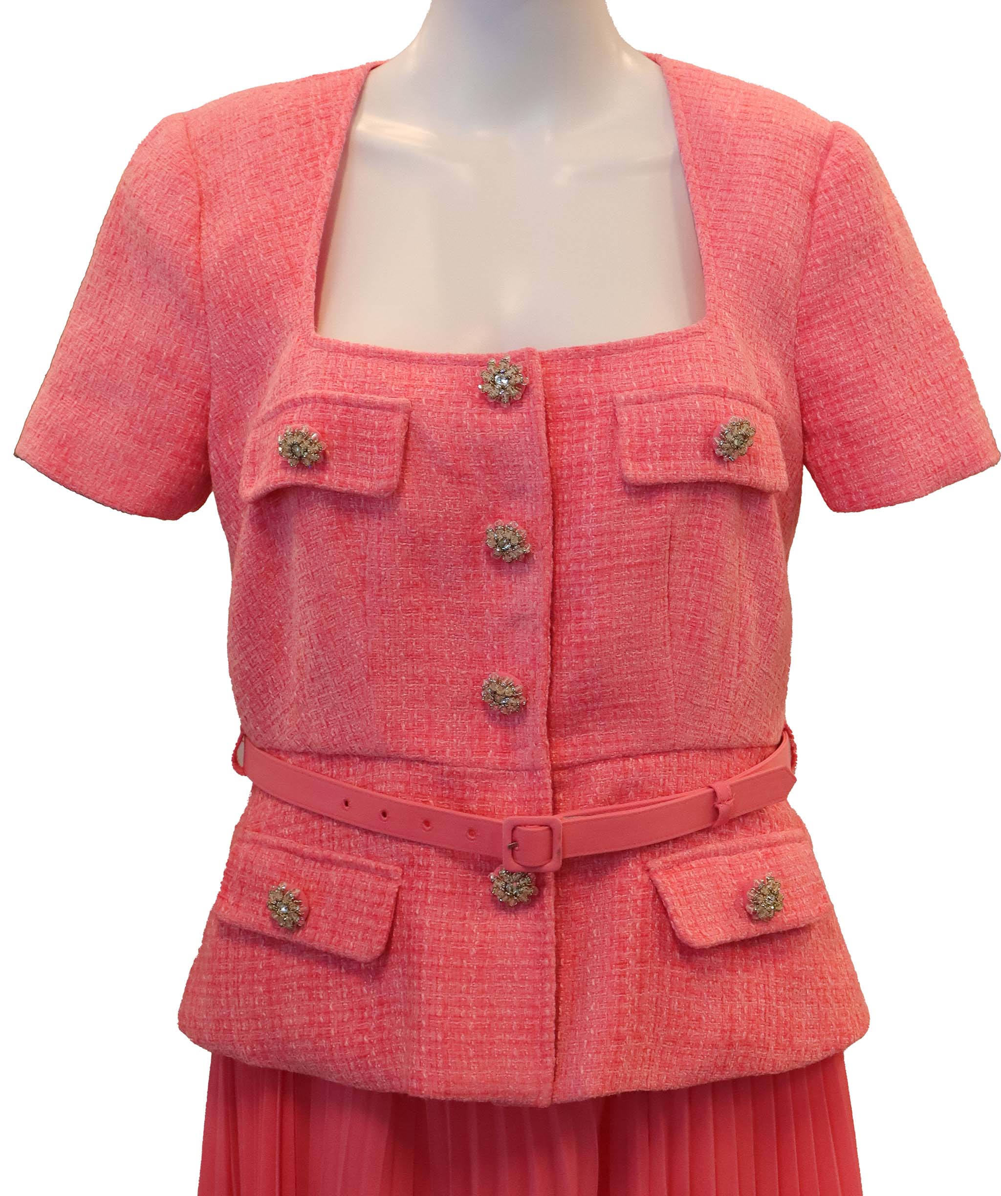 Luxury Promise Self-Portrait Pink in Boucle & Chiffon Midi Dress size 12 UK DXBCS0746