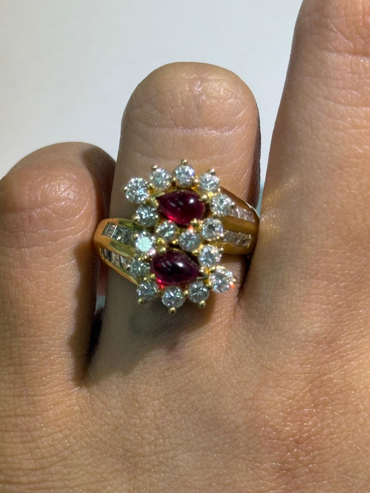 Luxury Promise Toi et Moi Ruby Ring with Diamond Cluster Halo and Baguette Shoulders in 18K / 8.40g, R1.38ct, D2.07ct / Size 6.25 US 024096 JJC0055