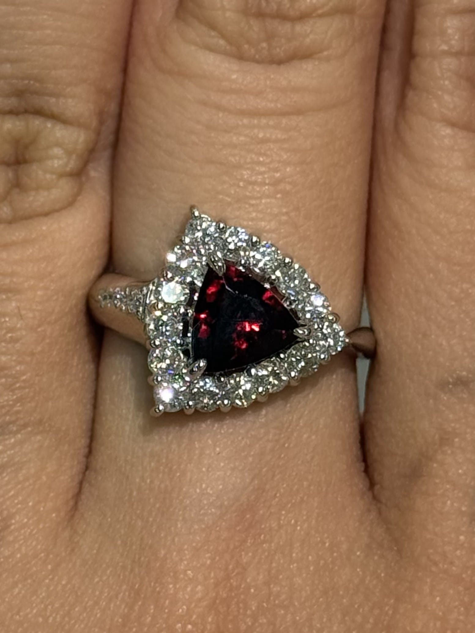 Luxury Promise Trillion-Cut Rubellite Ring with Diamond Halo in PT900 / 6.30g, RB1.04ct, D0.69ct / Size 5.75 US 023936 JJC0023