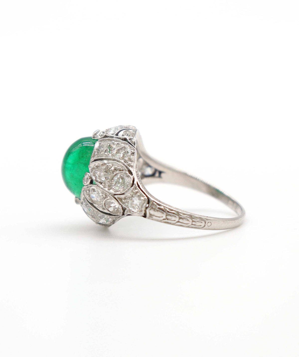 Luxury Promise French Antique Columbian Cabochon Emerald and Diamond Bombe Ring WA24273