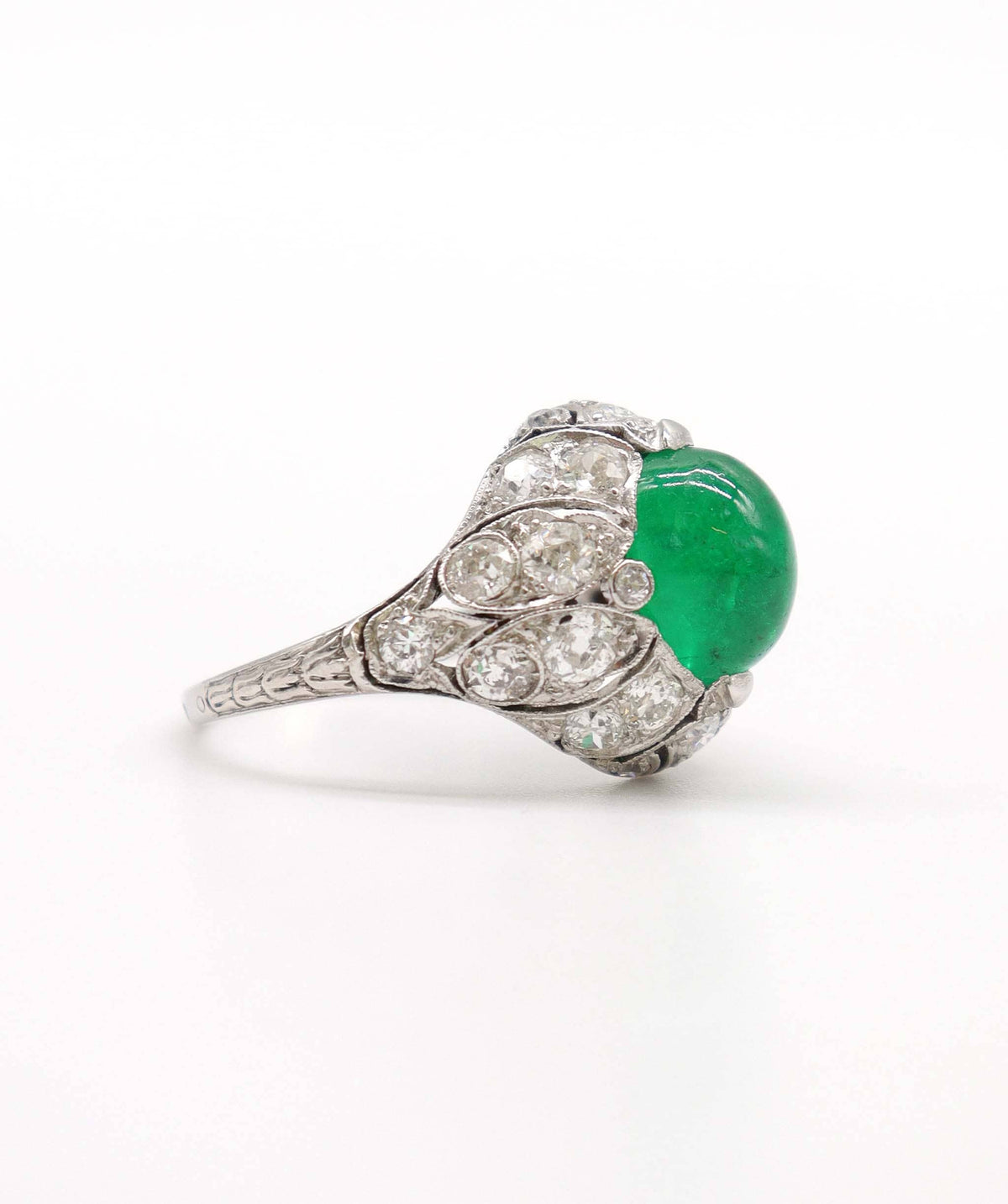Luxury Promise French Antique Columbian Cabochon Emerald and Diamond Bombe Ring WA24273