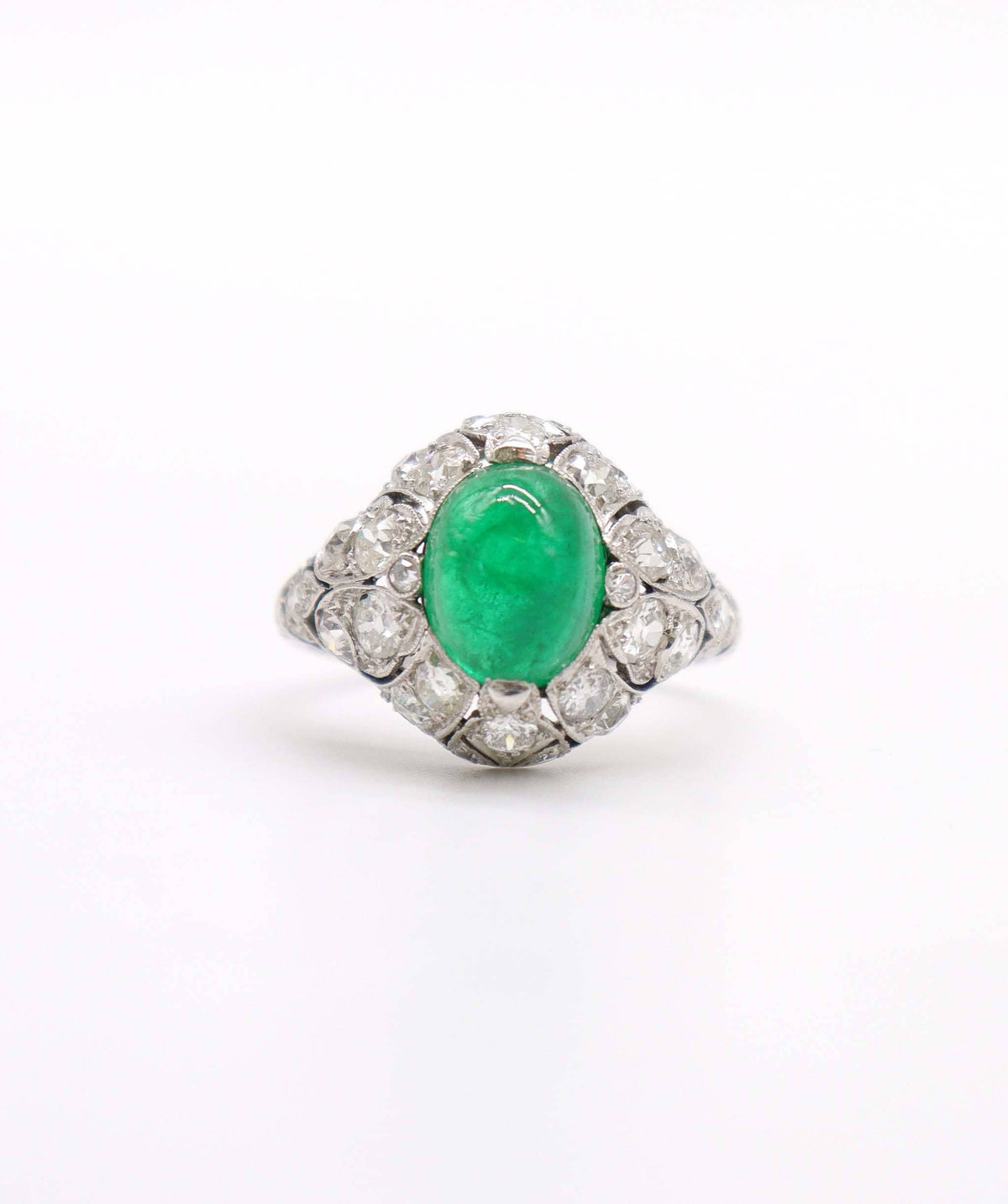 Luxury Promise French Antique Columbian Cabochon Emerald and Diamond Bombe Ring WA24273
