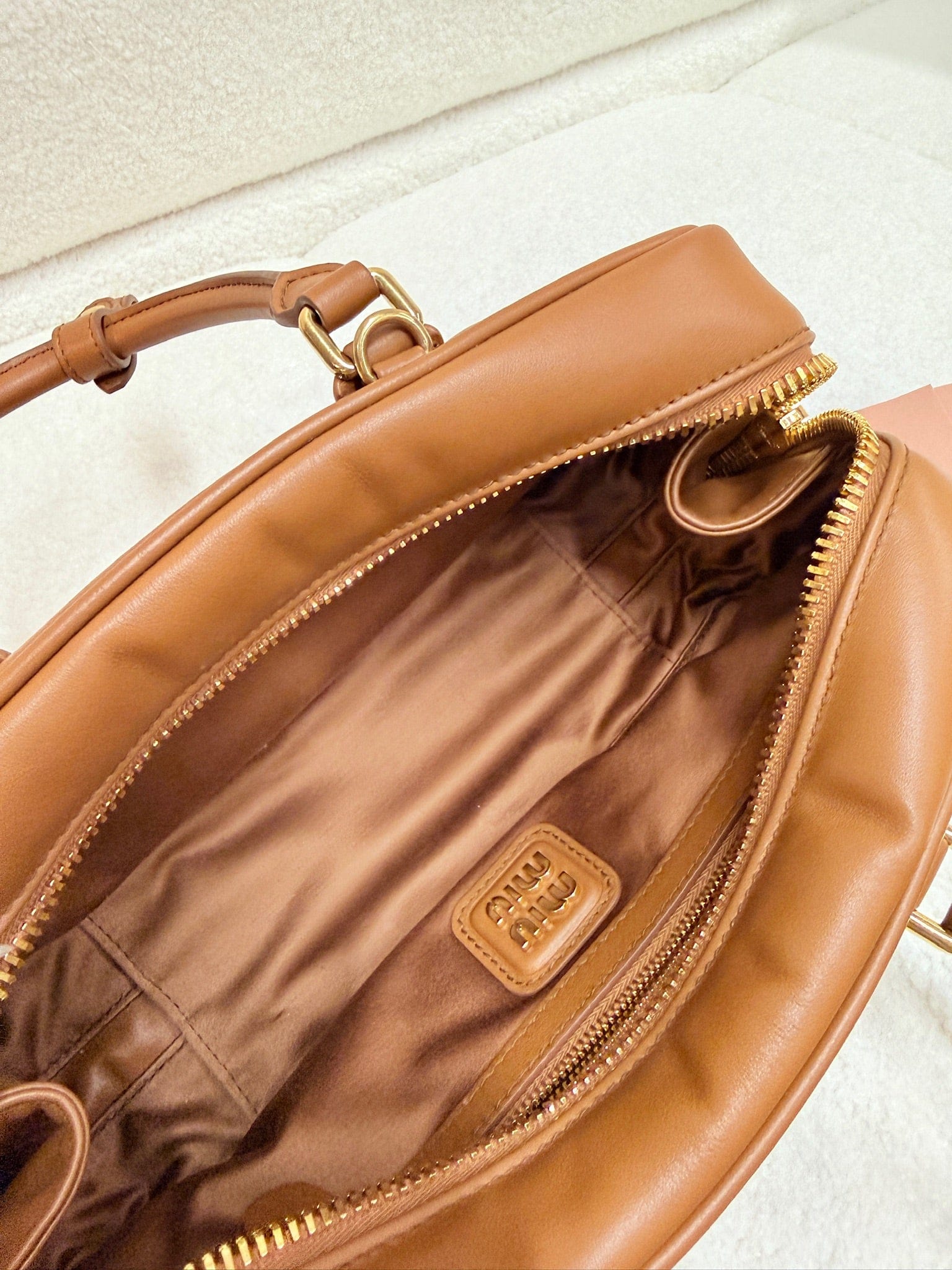 LUXURY PROMISE Miu Miu Arcadie Brandy Brown Leather Top Handle Bag with Gold Hardware