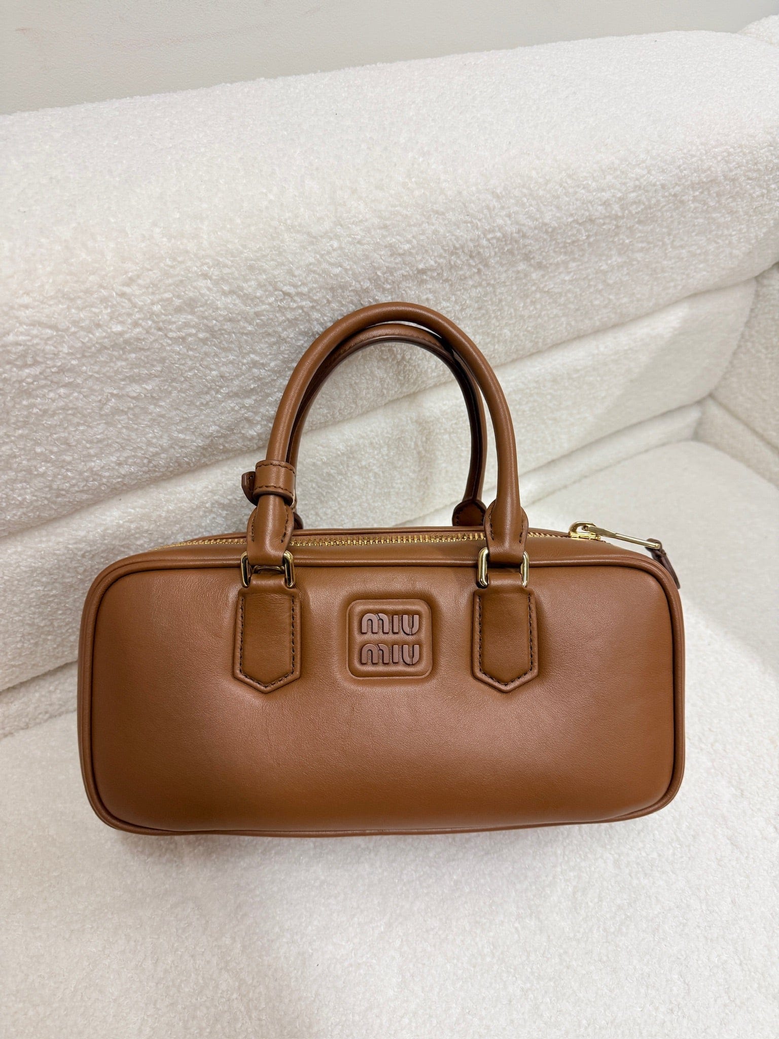 LUXURY PROMISE Miu Miu Arcadie Brandy Brown Leather Top Handle Bag with Gold Hardware