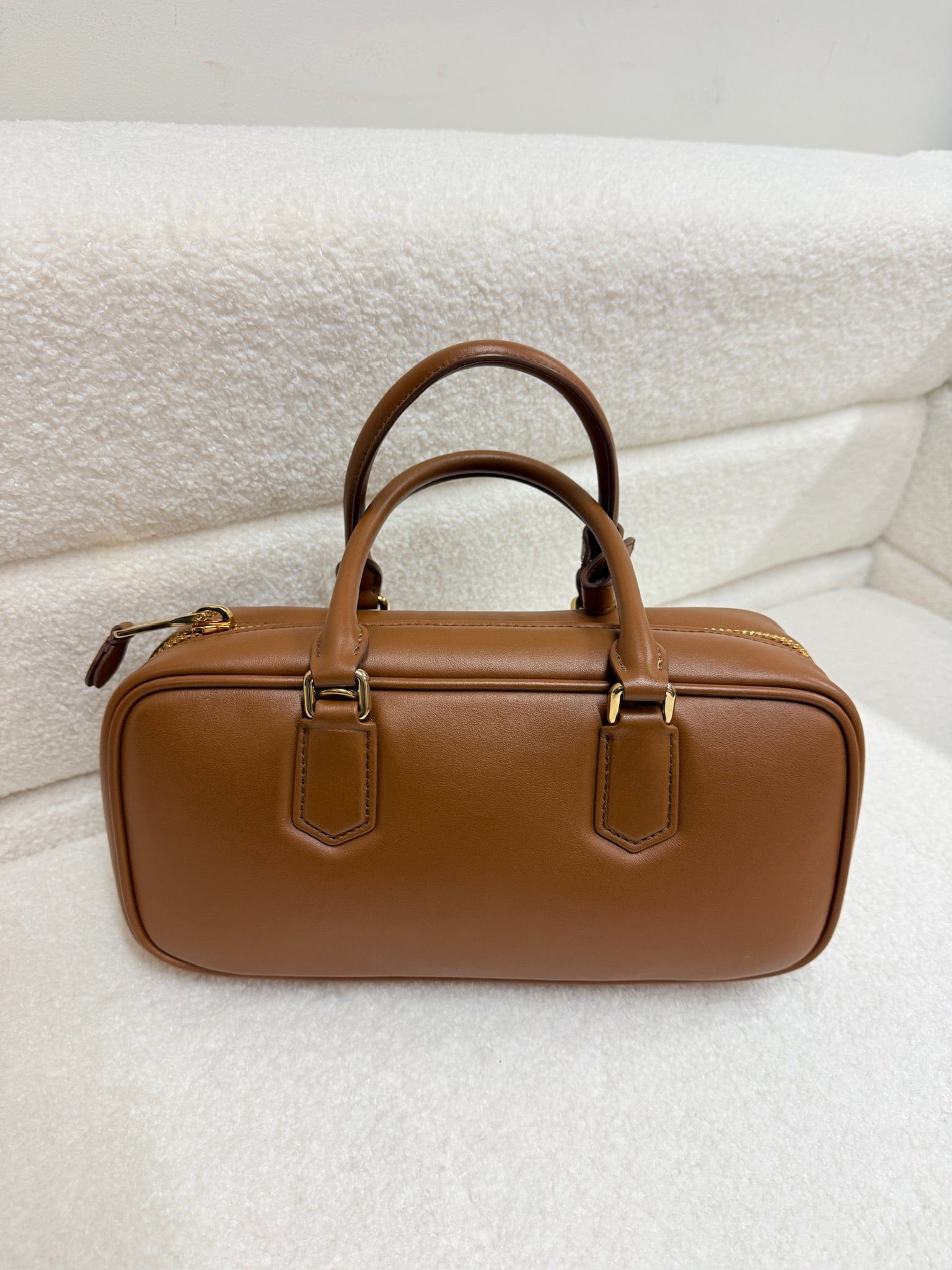 LUXURY PROMISE Miu Miu Arcadie Brandy Brown Leather Top Handle Bag with Gold Hardware