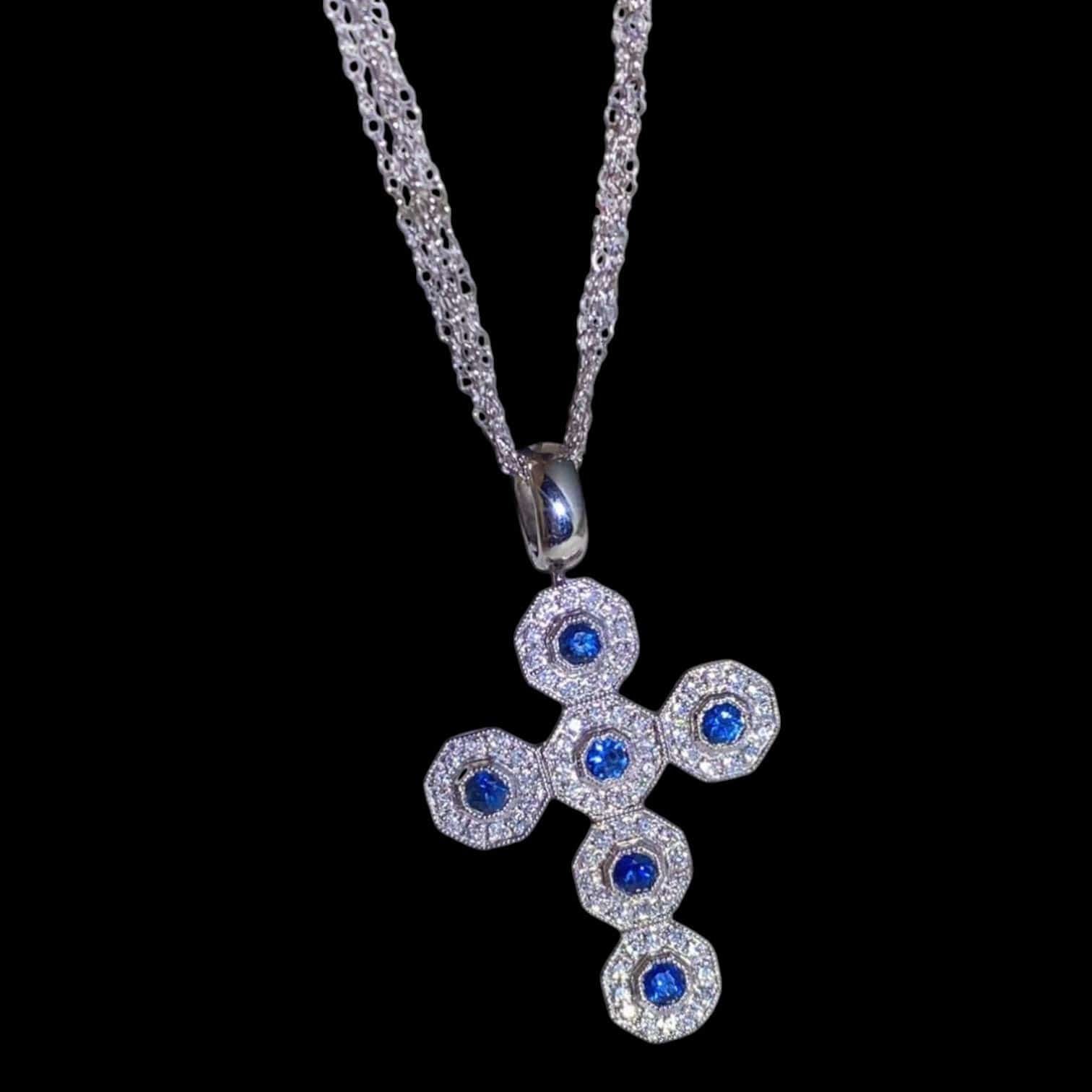 Luxury Promise 1.12ct "Cornflour Blue" Sapphire & 0.50ct Diamond Cross Necklace set in 18K White Gold