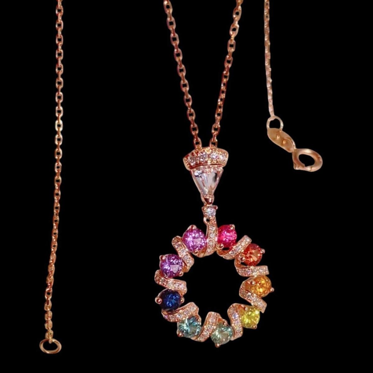 Luxury Promise 1.48ct Multi Coloured Sapphires with 0.17ct Diamonds set in 18K Rose Gold Circle Necklace