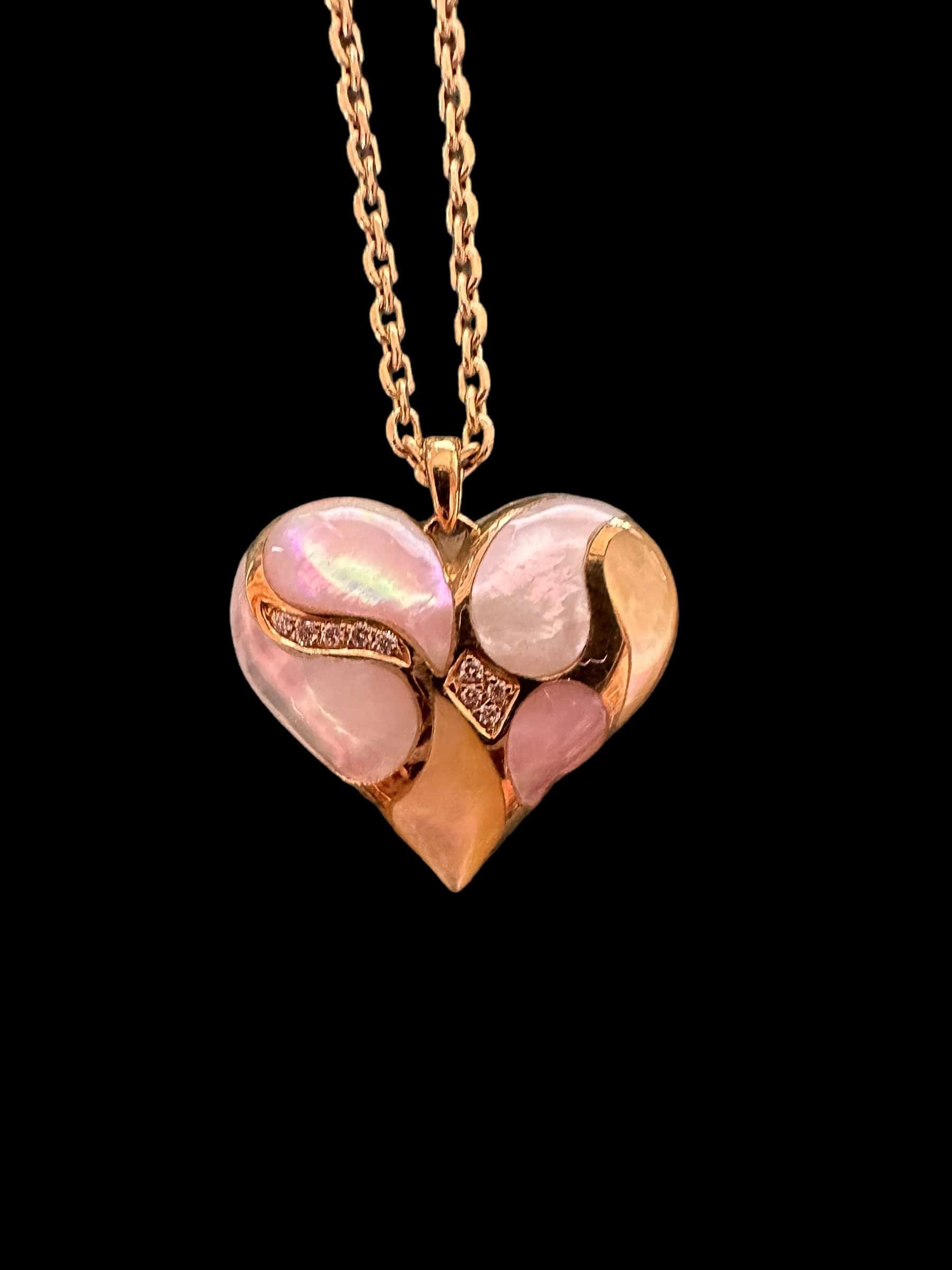 Mother of Pearl & Diamond Heart Necklace set in 18K Yellow Gold