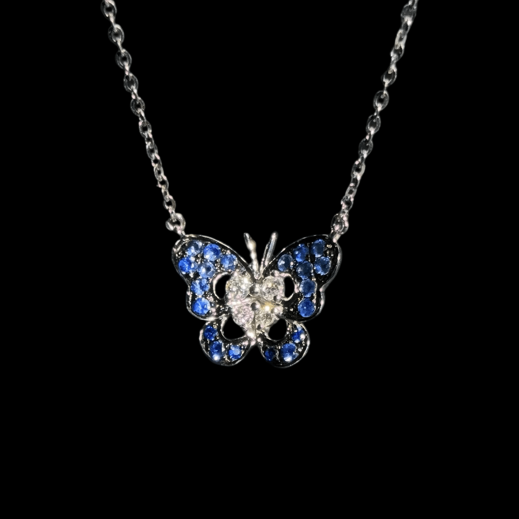 Luxury Promise Natural Blue Sapphire & Diamond Butterfly Necklace Set in 18K White Gold