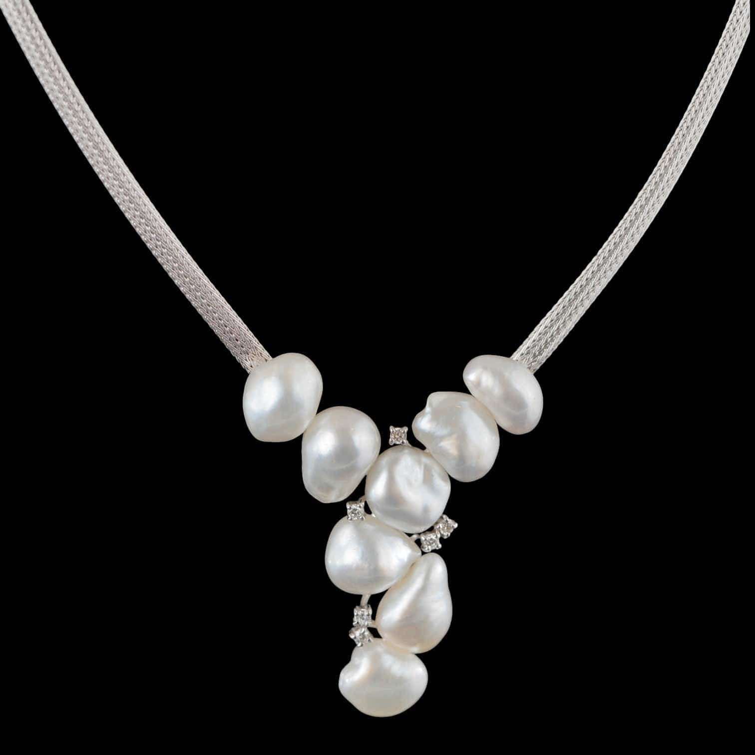 Luxury Promise Natural White Saltwater Keshi Pearl & 0.12ct Diamond Necklace set in 18K White Gold