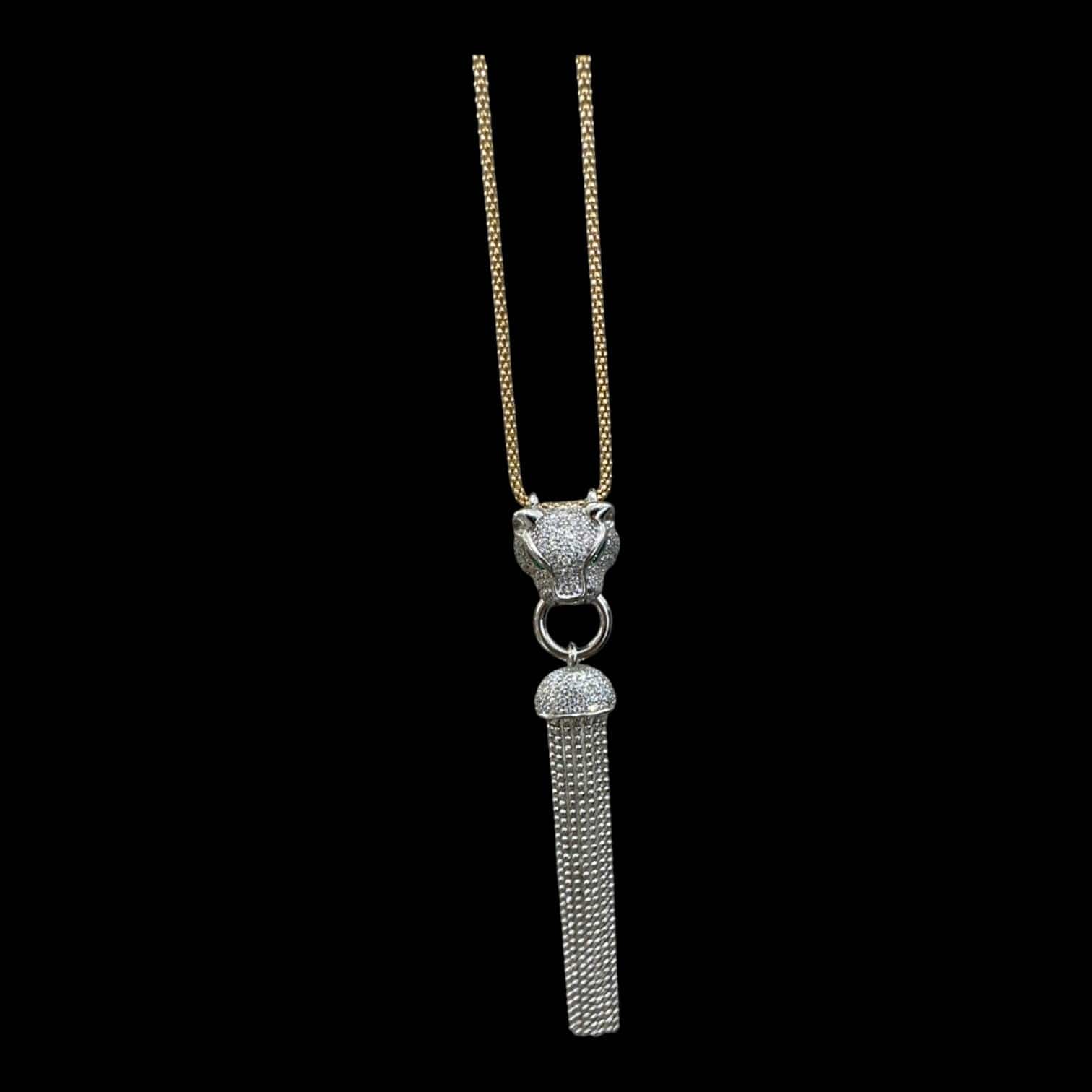 Luxury Promise Silver 925 Two Tone Panther Tassel Necklace, Made in Italy 15.24g~15.42g