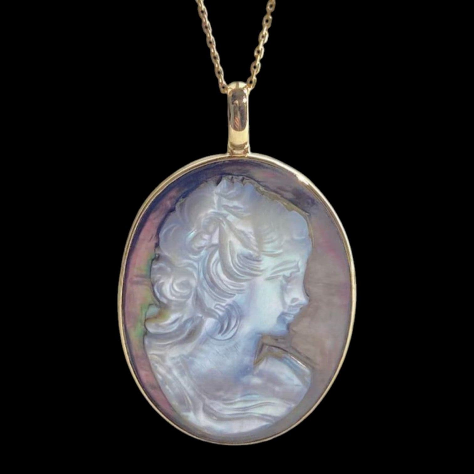 Luxury Promise White Cabochon Shell Portrait Necklace set in 18K Yellow Gold