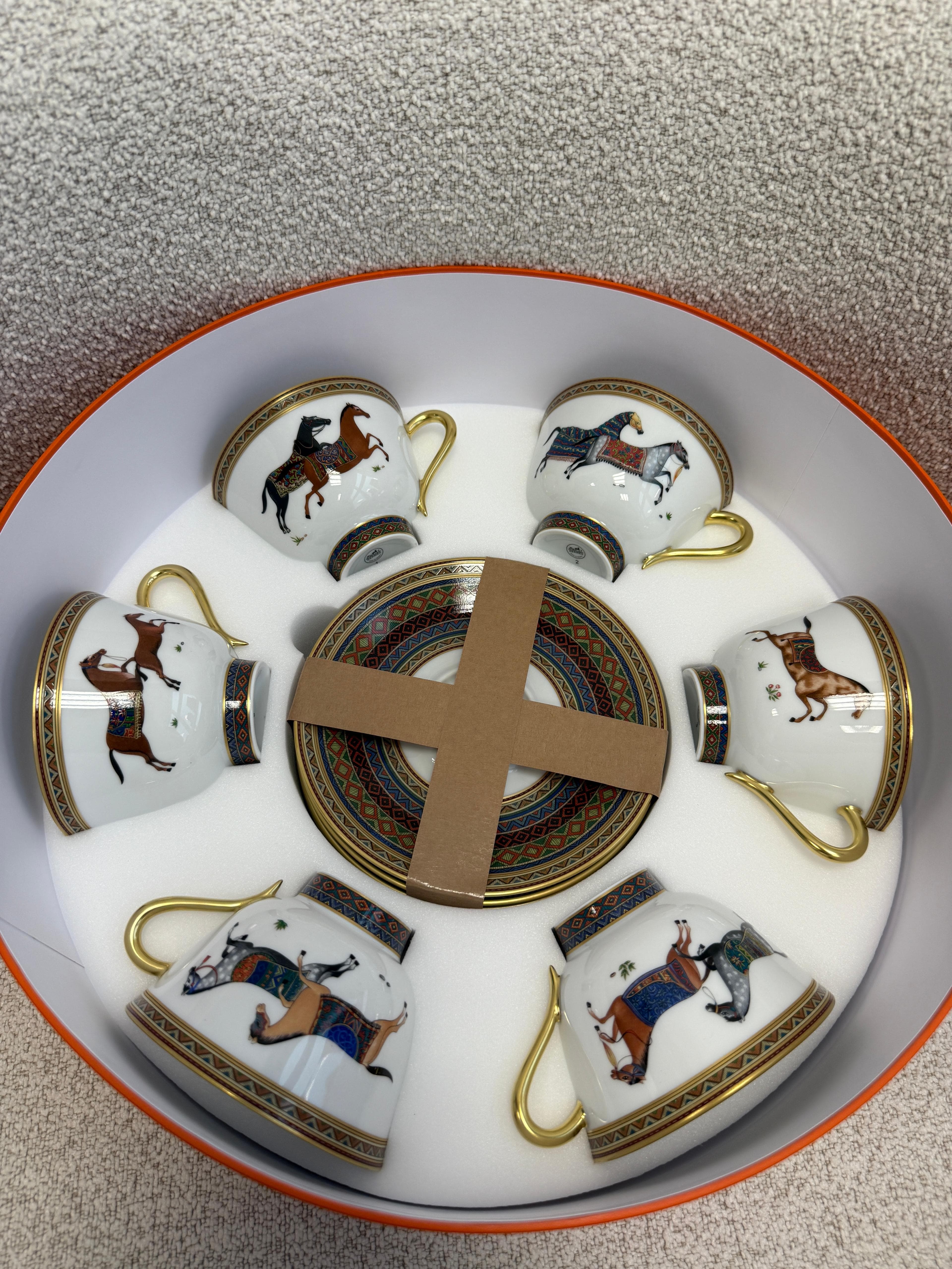 LUXURY PROMISE *HK LOCATED*HERMÈS CHEVAL D'ORIENT SET of 6 tea cups and saucers n°1 to 6