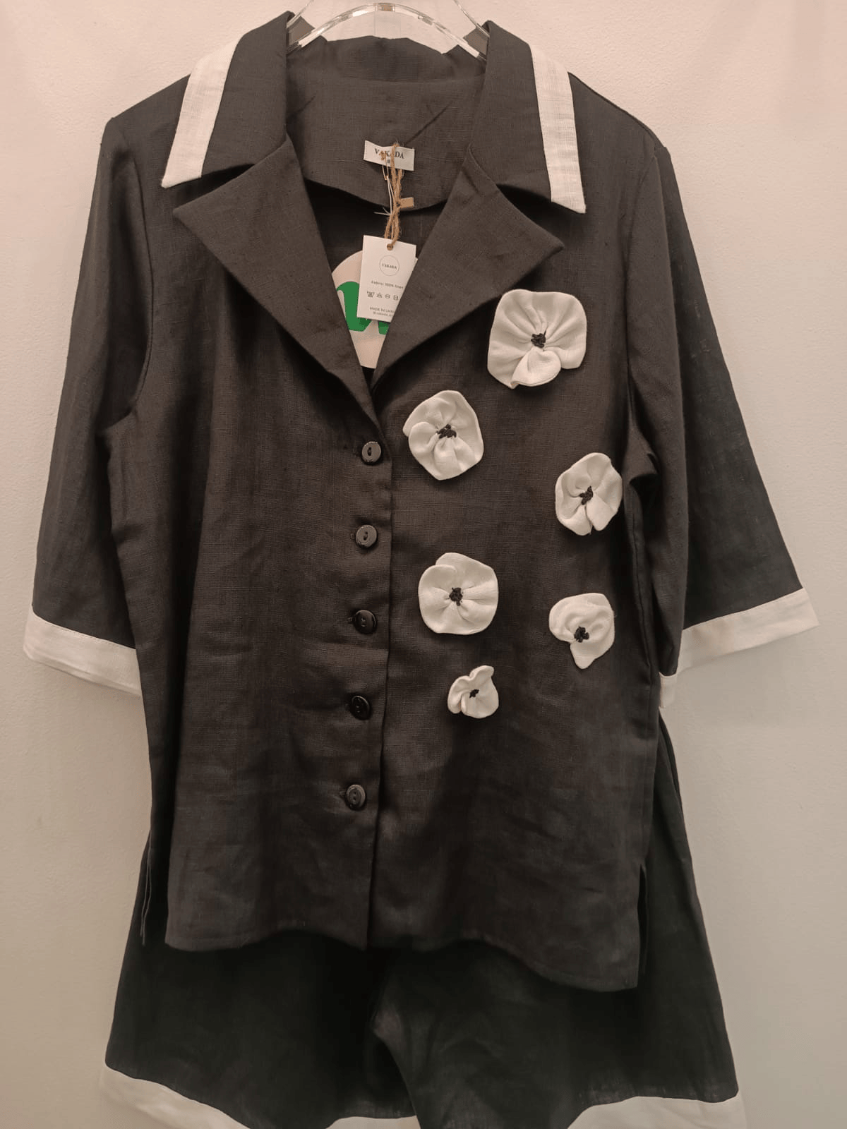 Luxury Promise Black Suit Shirt and Short Set with Flowers Embroidery VAK-SS25-006-S