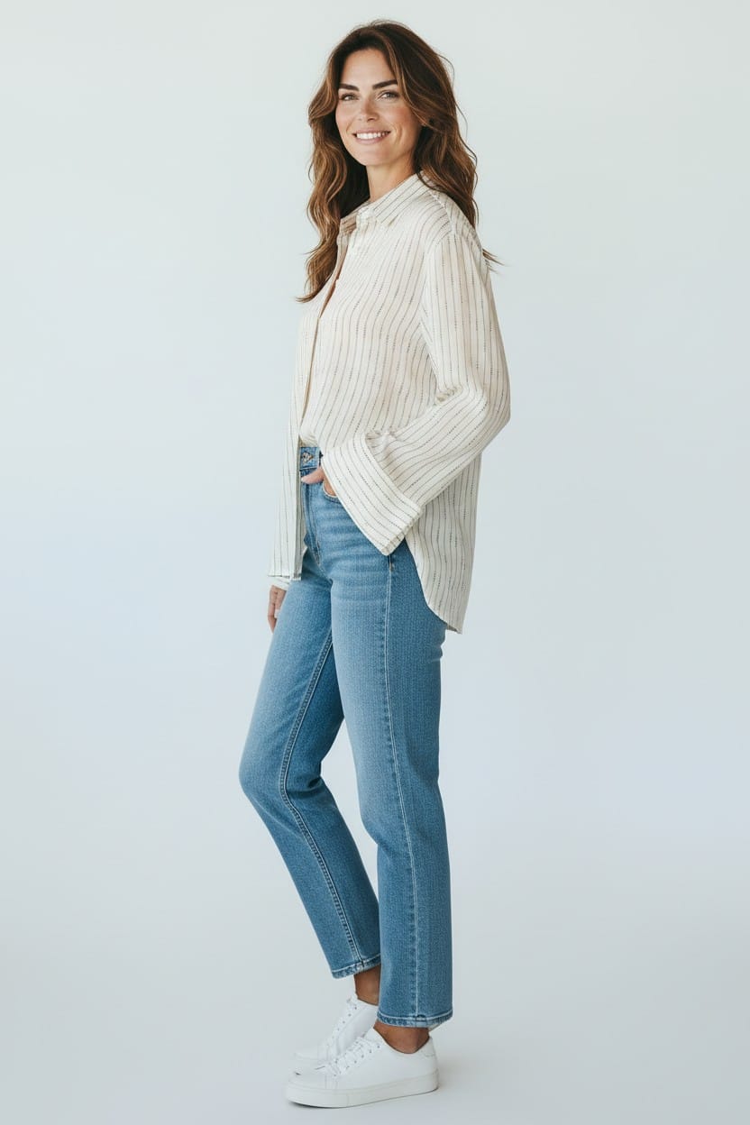 Luxury Promise Chanel 99A All-Over Logo Print Silk Pinstripe Long-Sleeve Shirt AGC3877