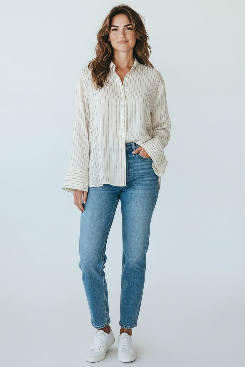 Luxury Promise Chanel 99A All-Over Logo Print Silk Pinstripe Long-Sleeve Shirt AGC3877