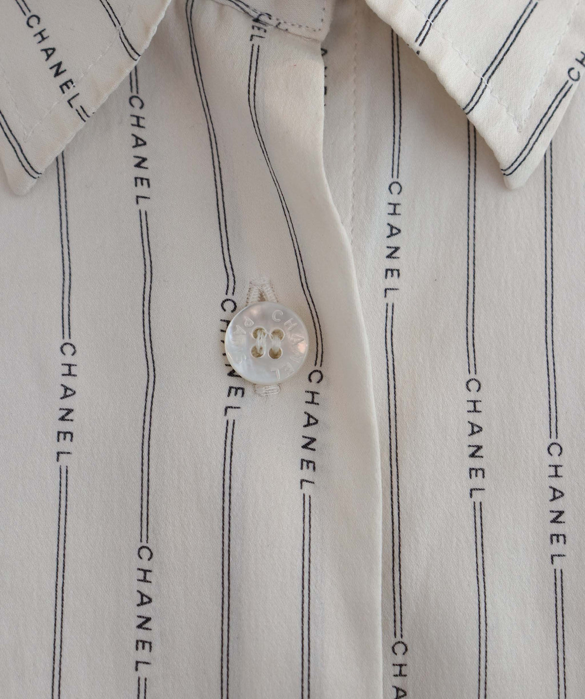Luxury Promise Chanel 99A All-Over Logo Print Silk Pinstripe Long-Sleeve Shirt AGC3877