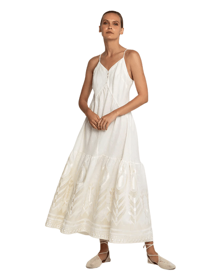 Luxury Promise Feather Straps Button Loops Natural Linen Long Dress With Champagne Embroidery S25K-230934-NC-S