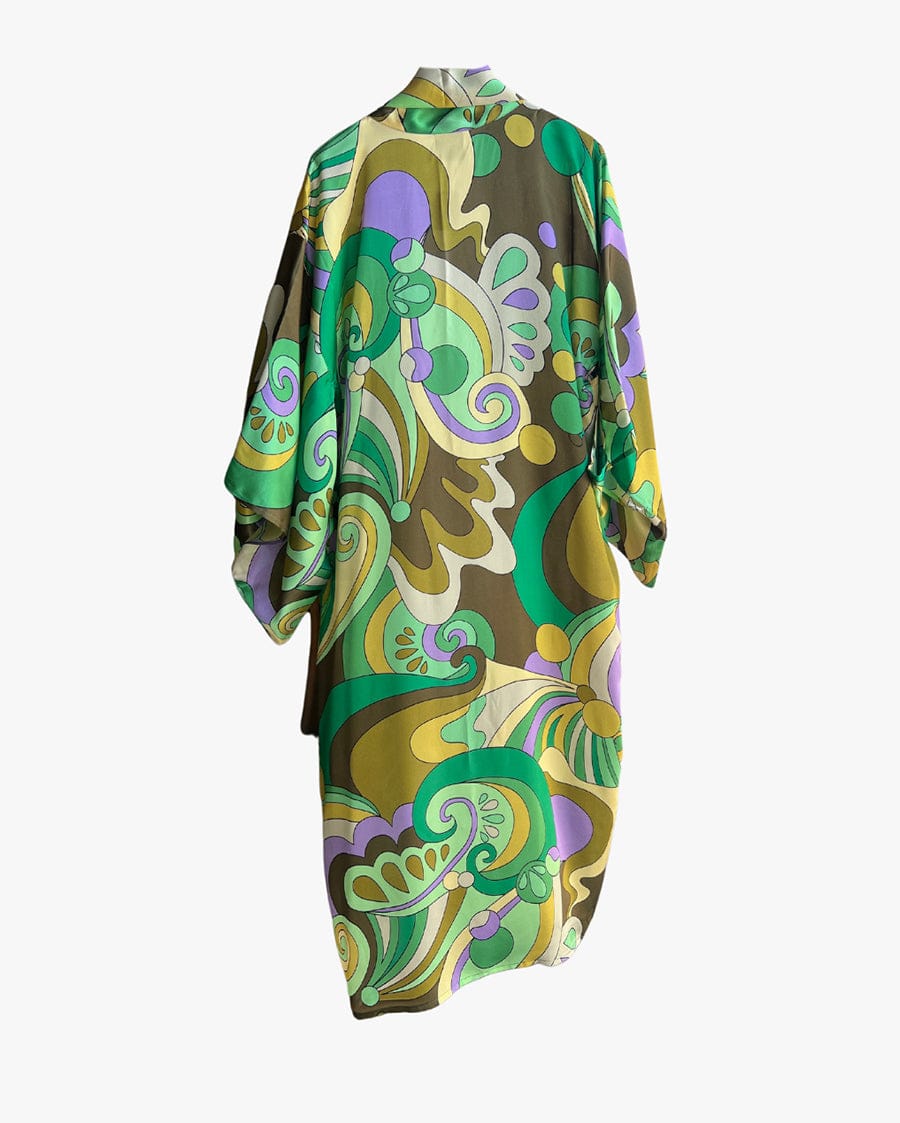 Luxury Promise Green Yellow Geometric Long Silk Kimono Coverup