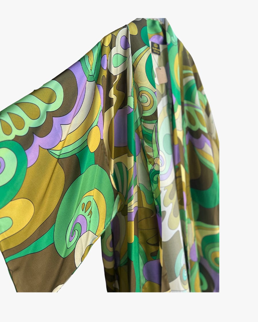 Luxury Promise Green Yellow Geometric Long Silk Kimono Coverup
