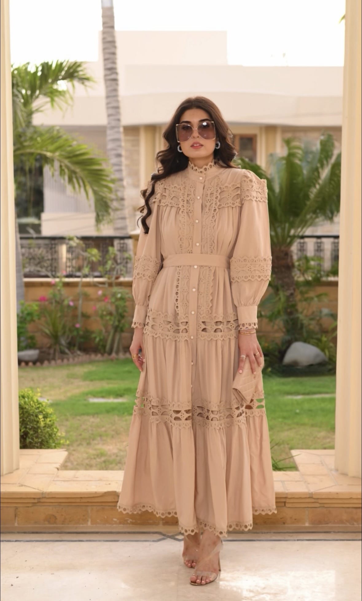 Luxury Promise lace dress with belt beige zah18