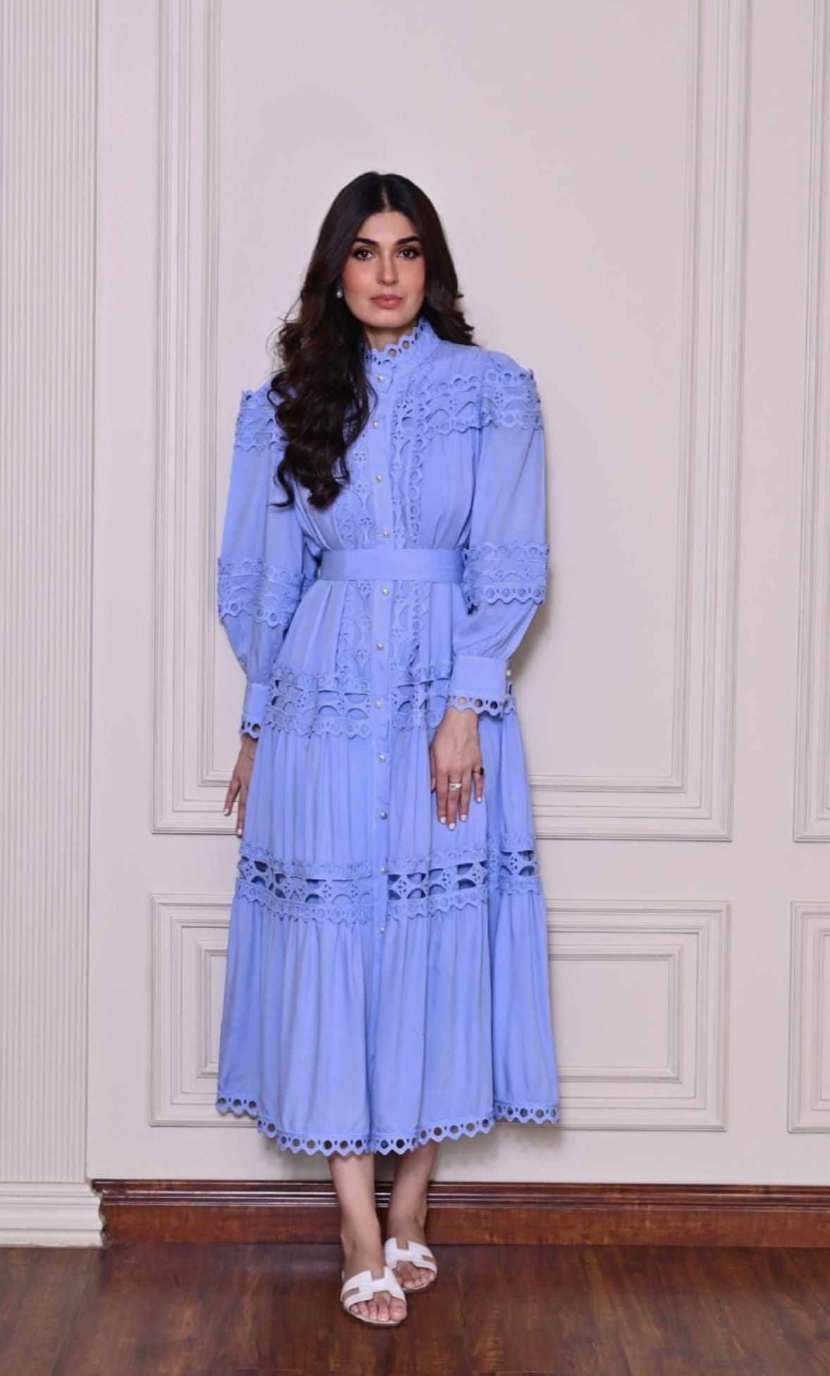 Luxury Promise lace dress with belt blue zah12