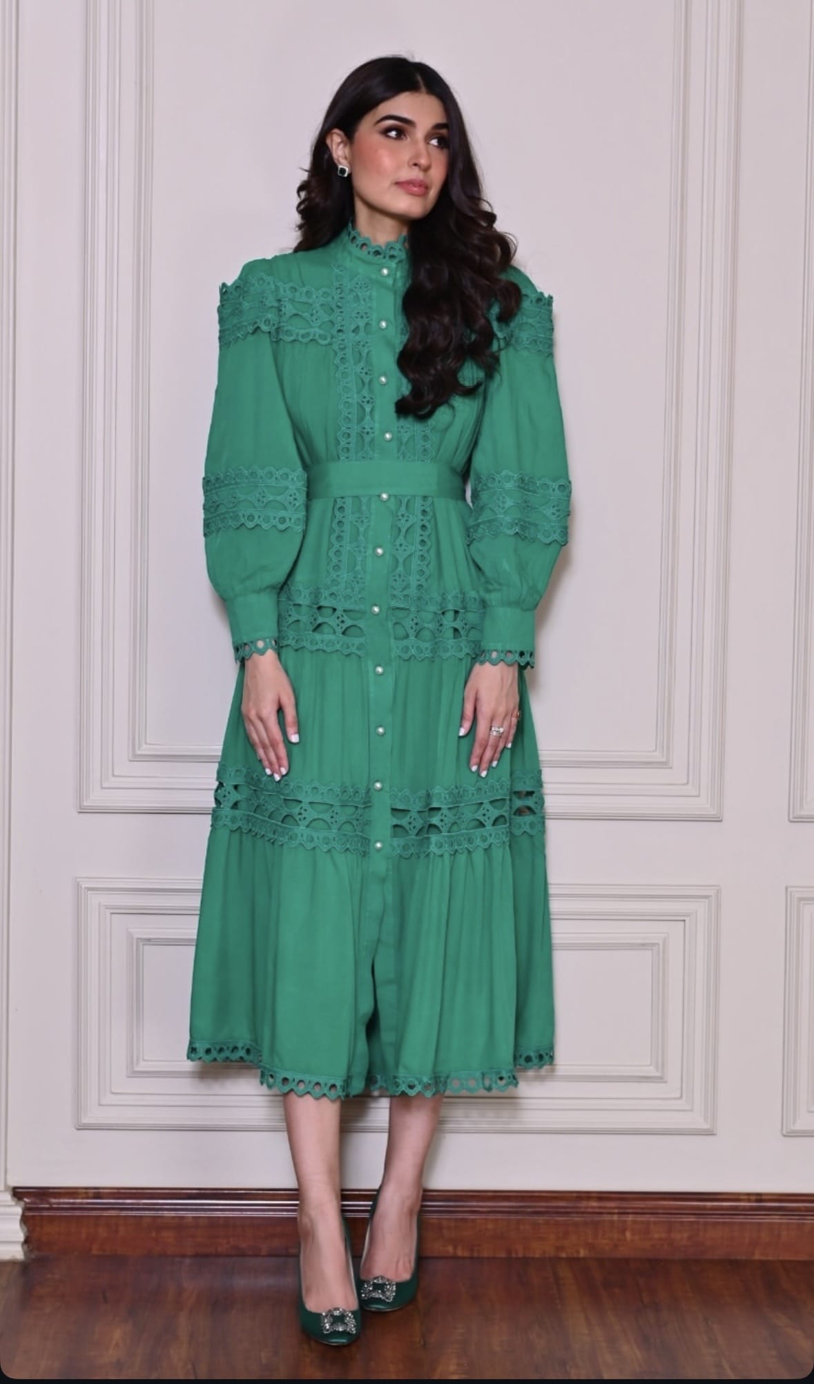 Luxury Promise lace dress with belt green zah17
