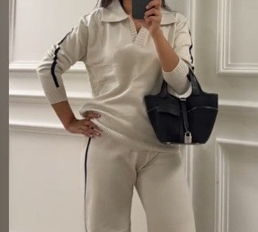 Luxury Promise Layla Cream M/L Arm Striped Cashmere Loungewear Set AKC0352