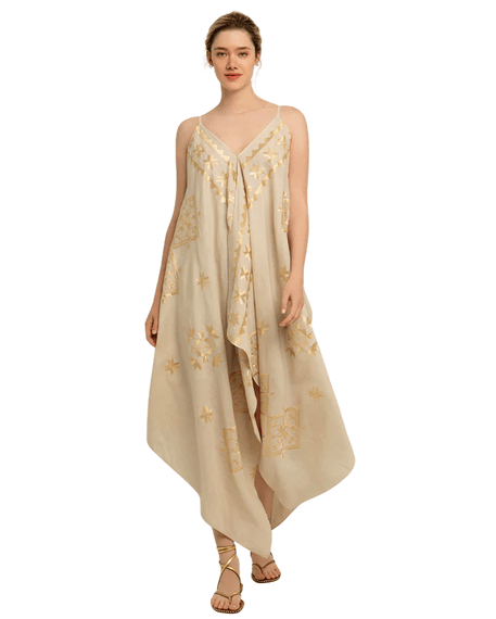 Luxury Promise Lefkada Long Asymmetrical Straps Beige Dress With Ramie Gold Embroidery S25K-430201-BG-XS
