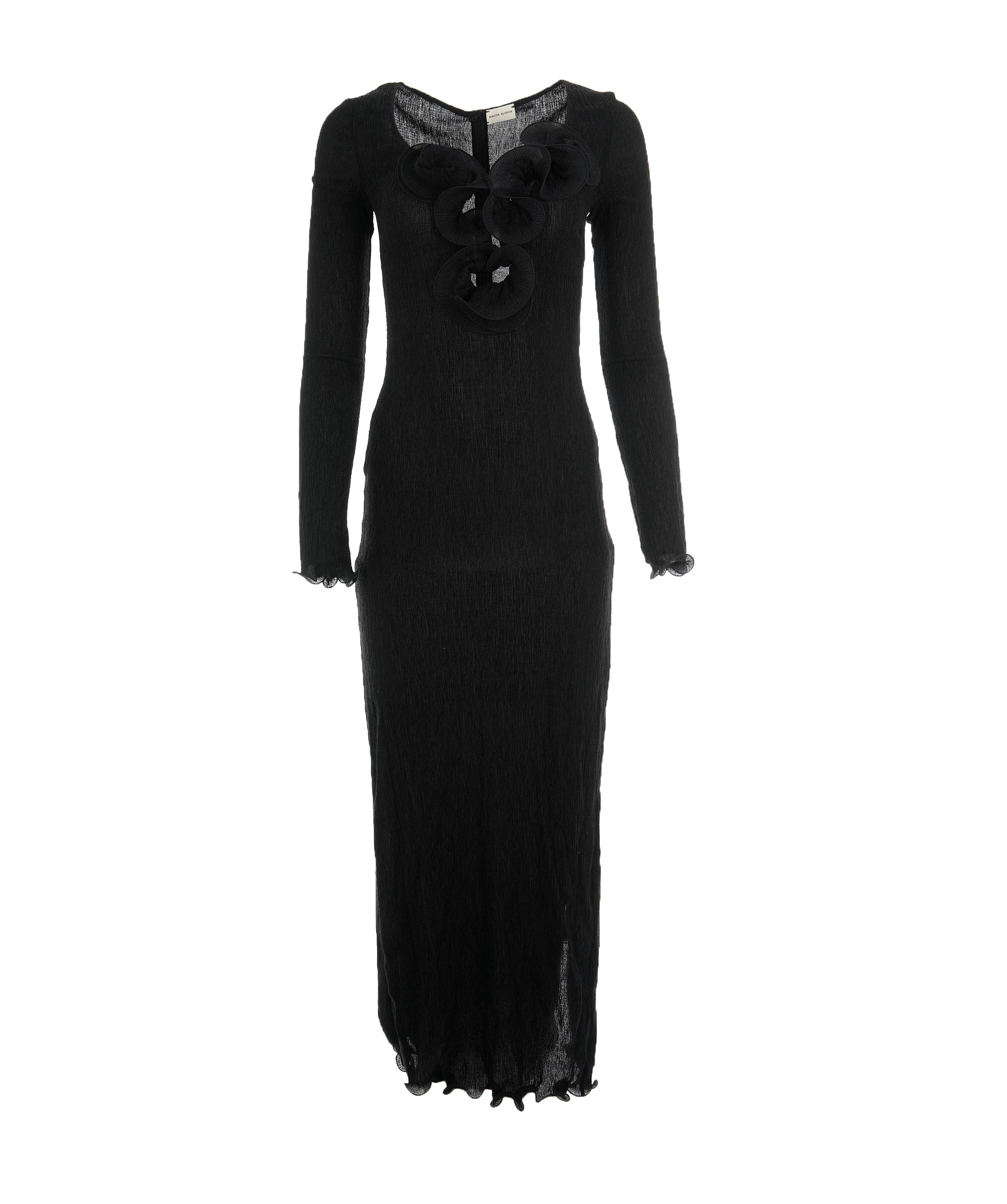 Luxury Promise Magda Butrym Black Shirred Long Sleeve Rosette Maxi Dress ALC1990