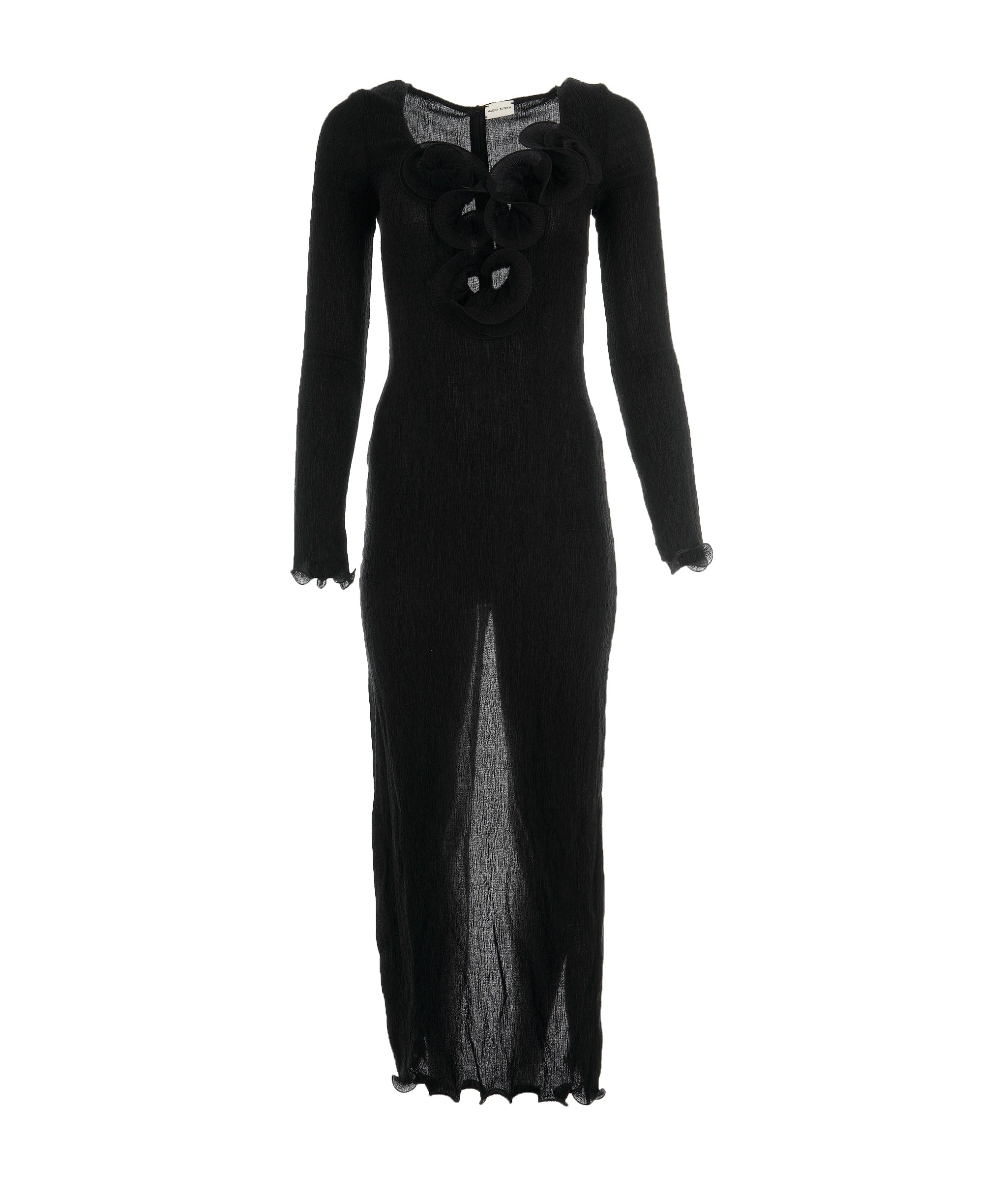 Luxury Promise Magda Butrym Black Shirred Long Sleeve Rosette Maxi Dress ALC1990