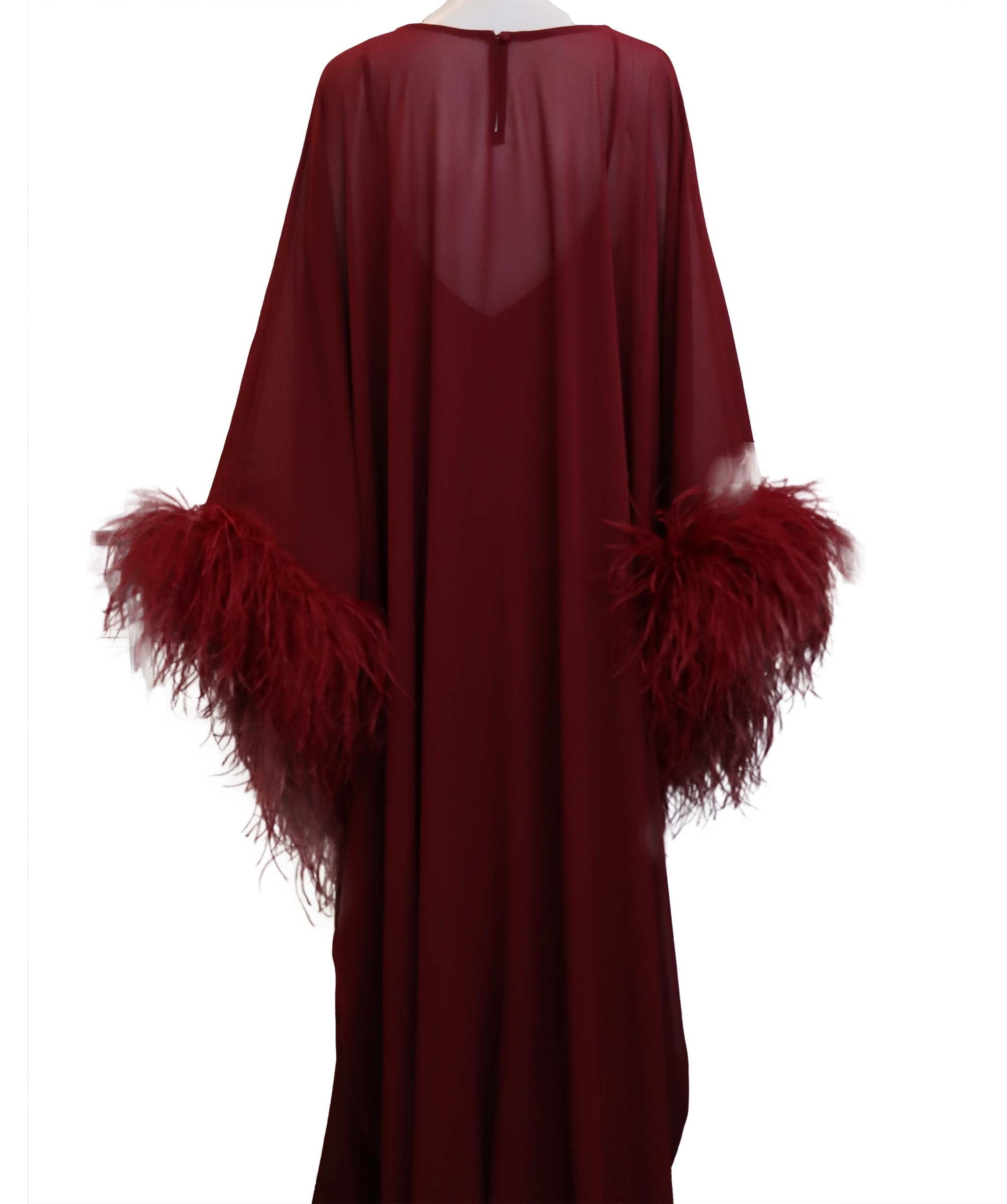 Luxury Promise Maroon (dark red) 2 part set feather chiffon kaftan with maroon maxi dress TP030