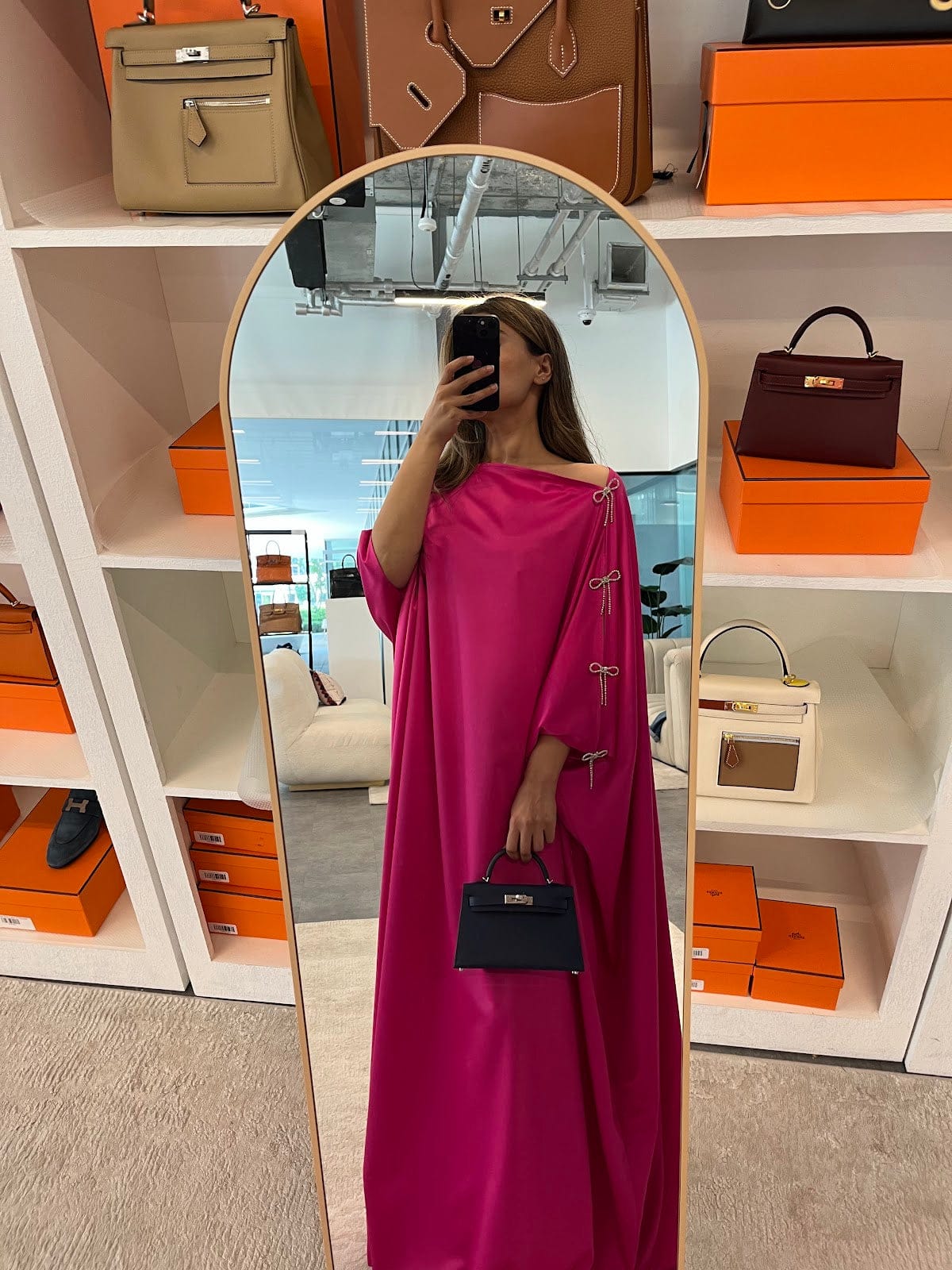 Luxury Promise Pink satin Bow embellished kaftan one shoulder TP022