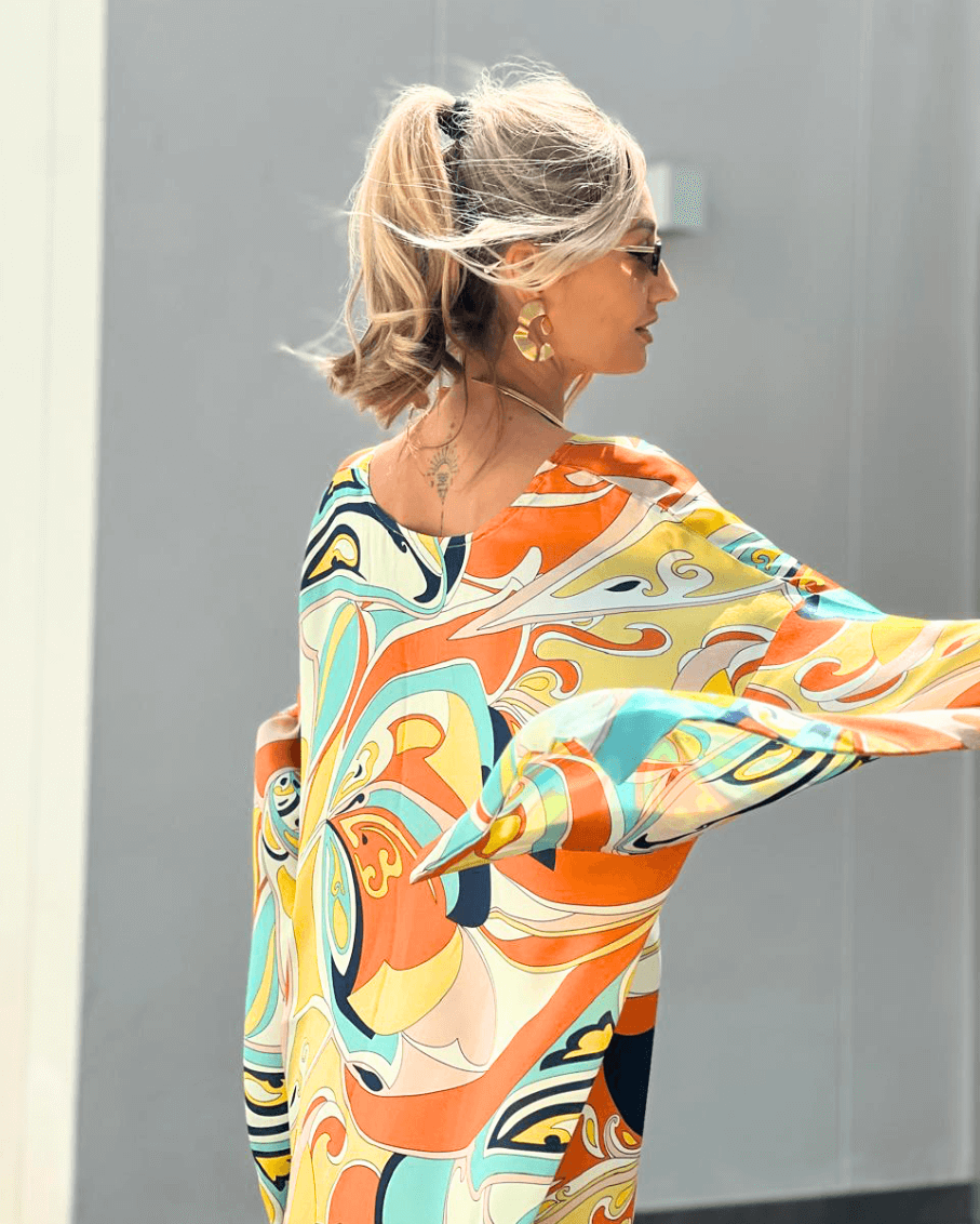 Luxury Promise Silk Satin Peach & Yellow Multi Print Kimono Sleeve Kaftan