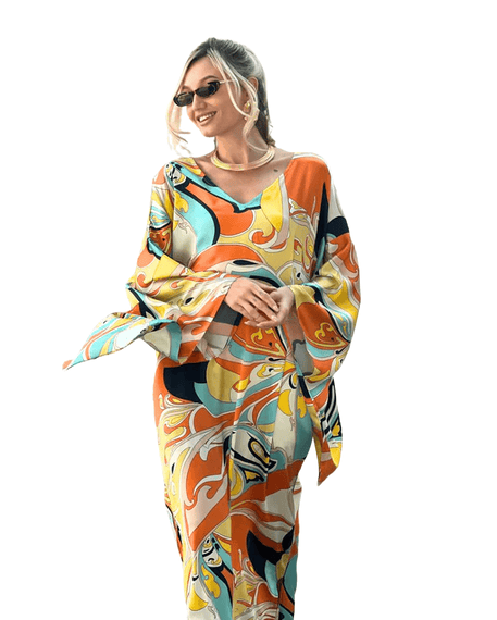 Luxury Promise Silk Satin Peach & Yellow Multi Print Kimono Sleeve Kaftan GM-KD2025