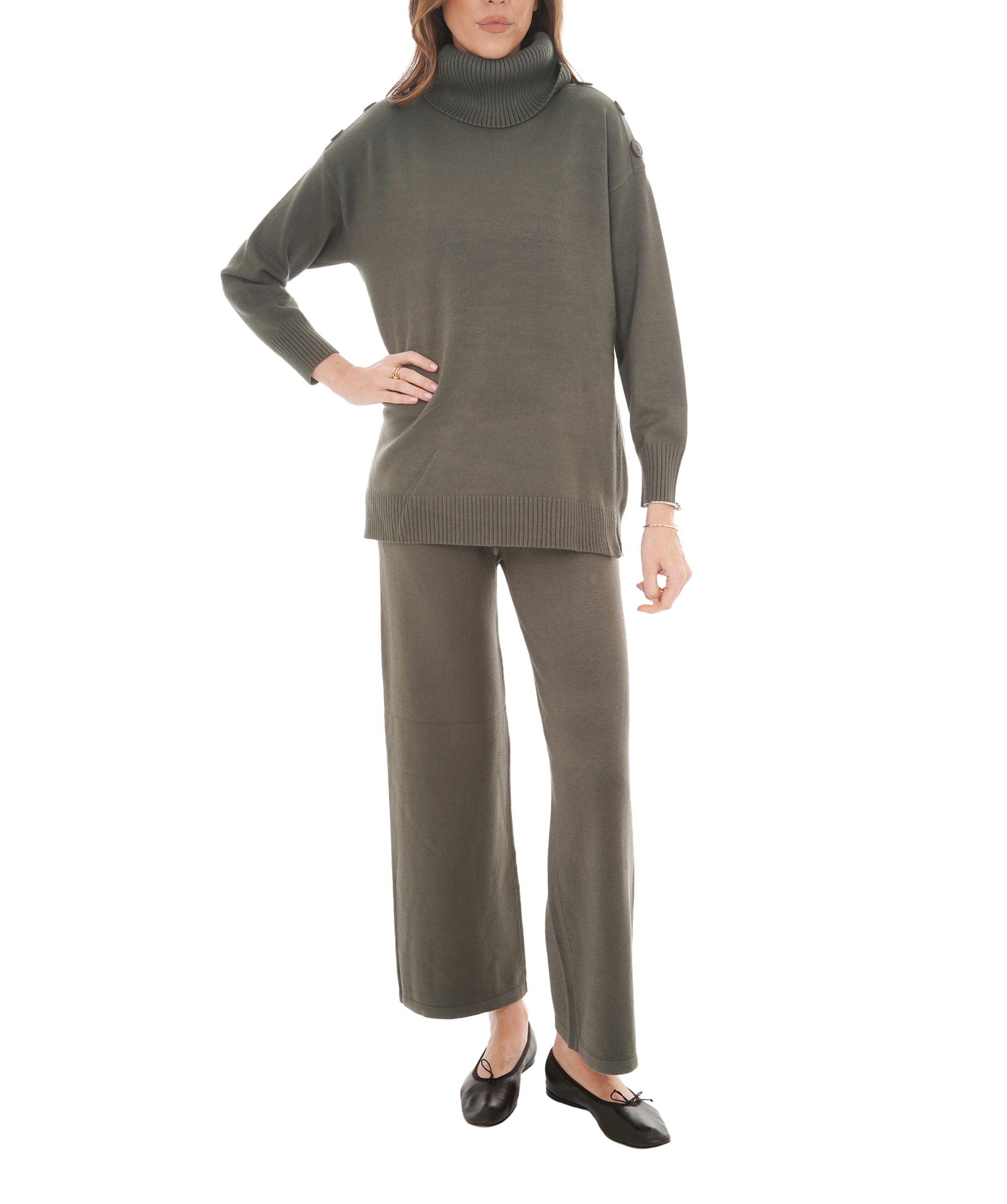 Luxury Promise Turtleneck Buttoned Sage Loungewear ML AKC0134