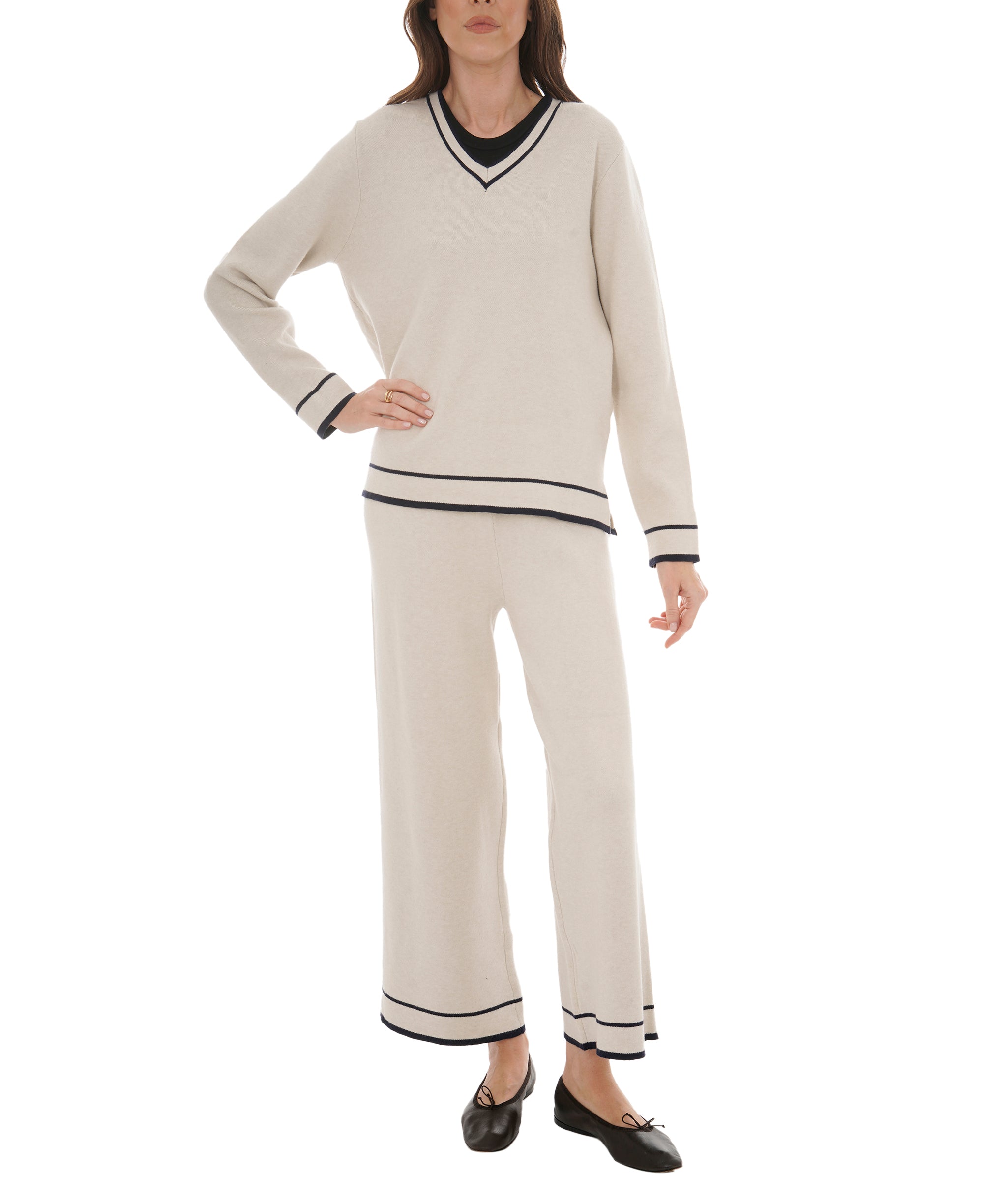 Luxury Promise V Neck Striped Cream and Navy Loungeset M/L AKC0115